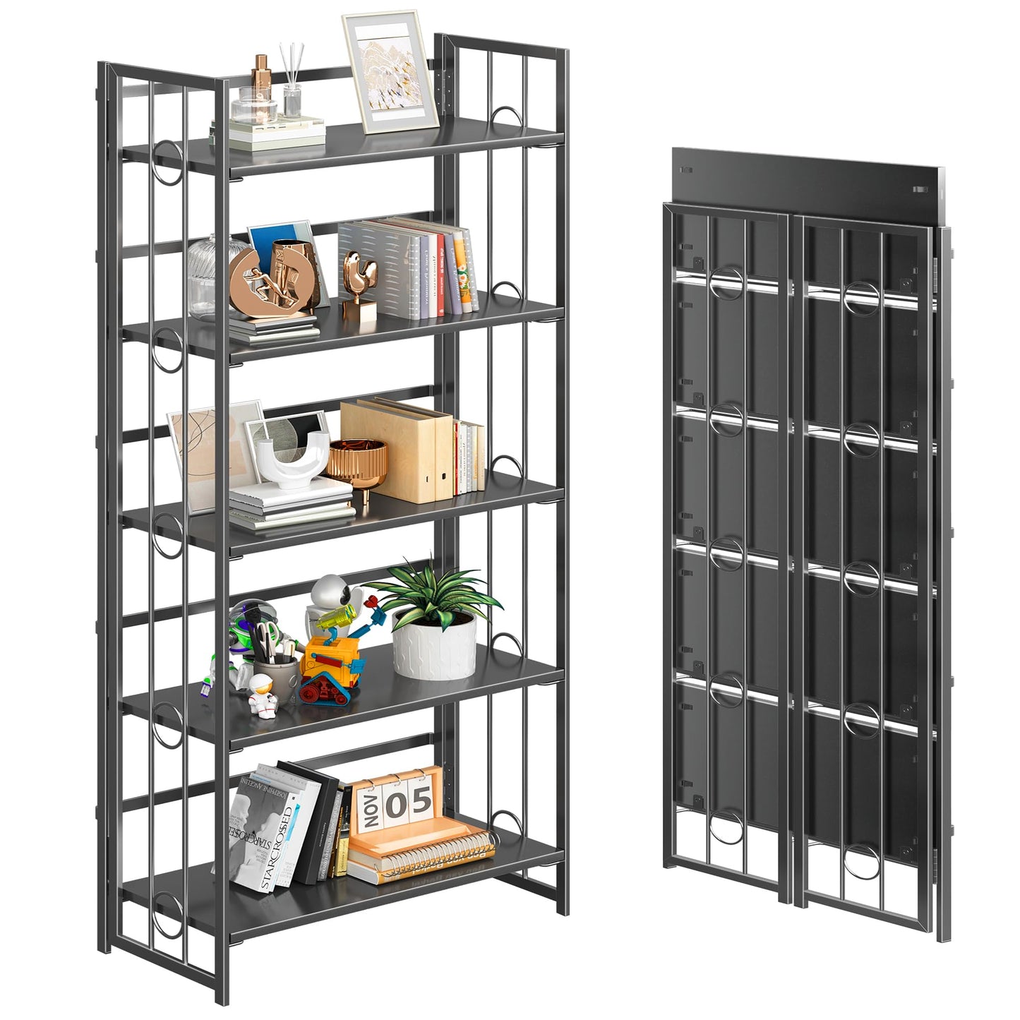 4NM No-Assembly 5 Tiers Folding Bookshelf Storage Shelves Vintage Bookcase Standing Racks Study Organizer Home Office - All Black