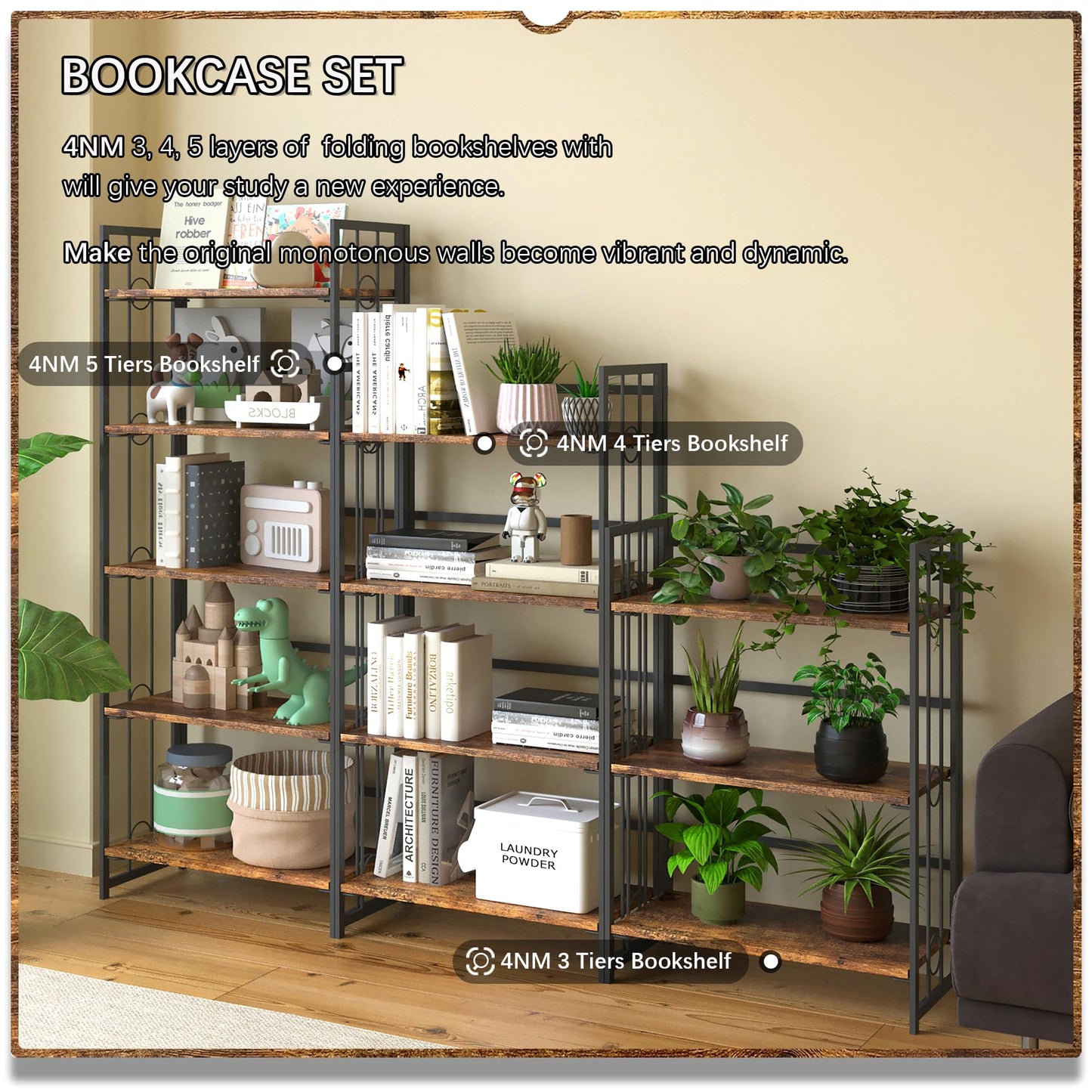 4NM No-Assembly 5 Tiers Folding Bookshelf Storage Shelves Vintage Bookcase Standing Racks Study Organizer Home Office - Rustic Brown Black