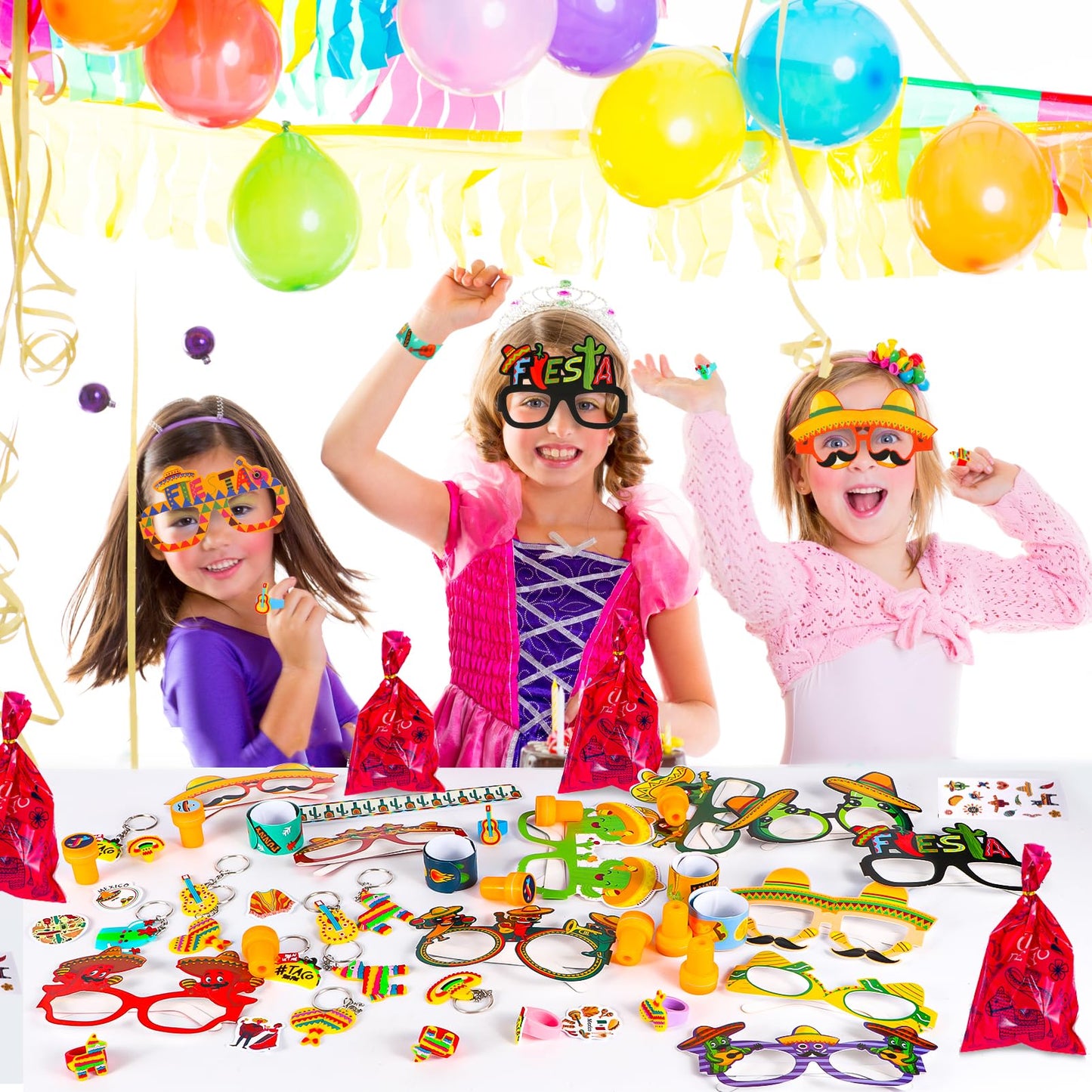 120 PCS Fiesta Party Favor, Mexican Party Gift for Kids, Cinco De Mayo Eyeglasses, Keychains, Stampers, Slap Bracelets Classroom Prize School Exchange for Cinco De Mayo Birthday Party Supplies