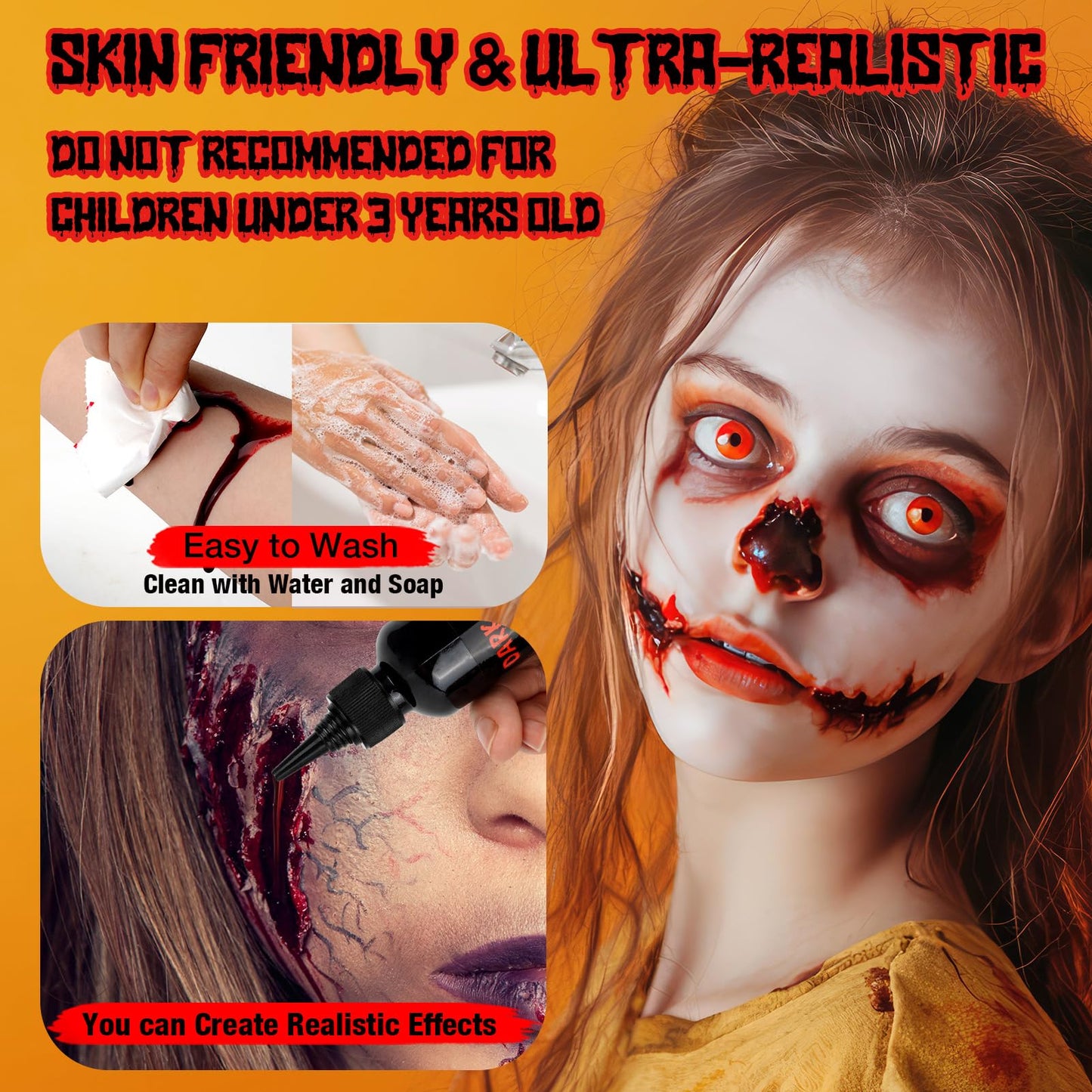 3PCS Halloween Fake Blood Kit, 2.03oz Fake Blood Spray and 2.03oz Dripping Blood and 1.06oz Coagulated Gel Blood, Realistic Washable Fake Blood Makeup for Zombie Vampire Monster Cosplay & Dress Up