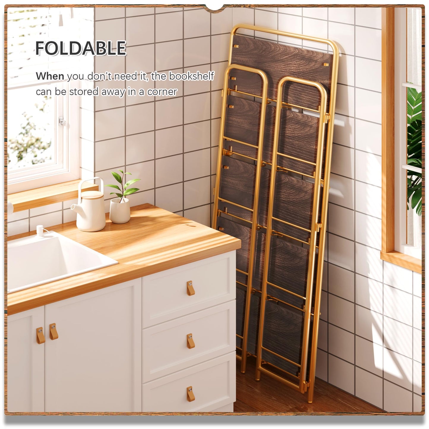 4NM No Assembly Folding Bookshelf 5 Tiers Vintage Industrial Gold Book Shelf Metal Foldable Storage Bookcase and Bookshelves for Living Room,Bedroom and Kitchen - Brown