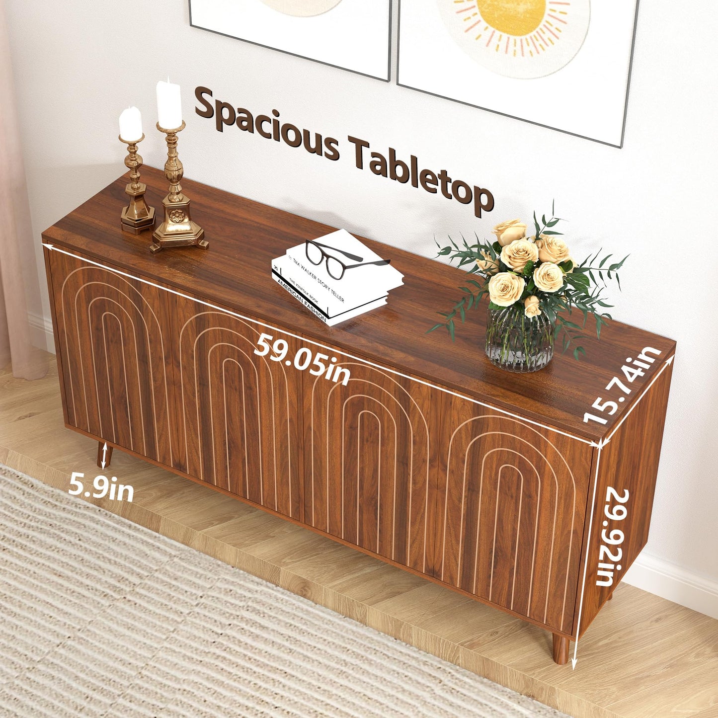 weselon 59" Buffet Cabinet with Storage, Modern Accent Sideboard Storage Cabinet with 4 Doors & Carving Lines, Wooden Coffee Bar Table Console for Living Room Kitchen Office and Hallway (Walnut)