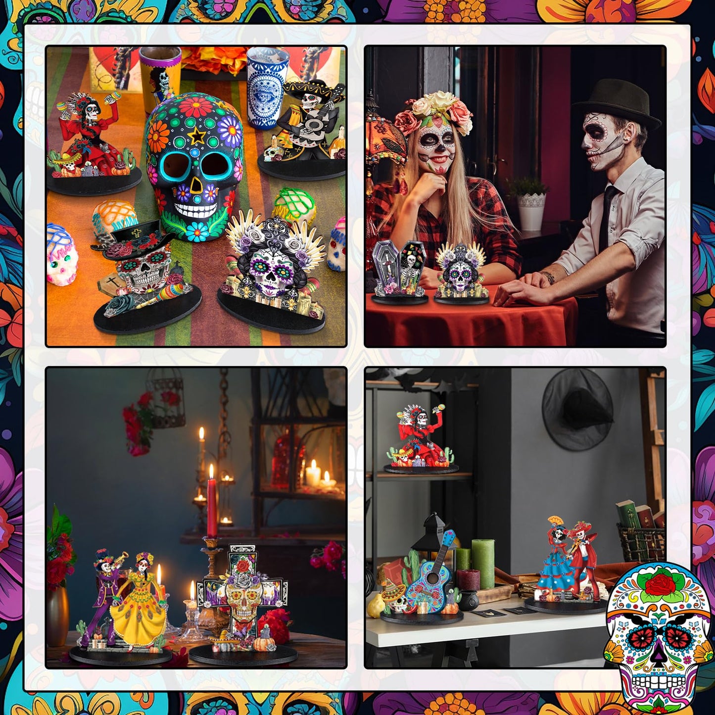 Wesiti 12 Pcs Day of The Dead Table Decorations Wooden Mexican Dia De Los Muertos Altar Centerpiece Halloween Sugar Skull Table Topper Decor Skeleton for Mexican Fiesta Tiered Tray Decor Party Favor