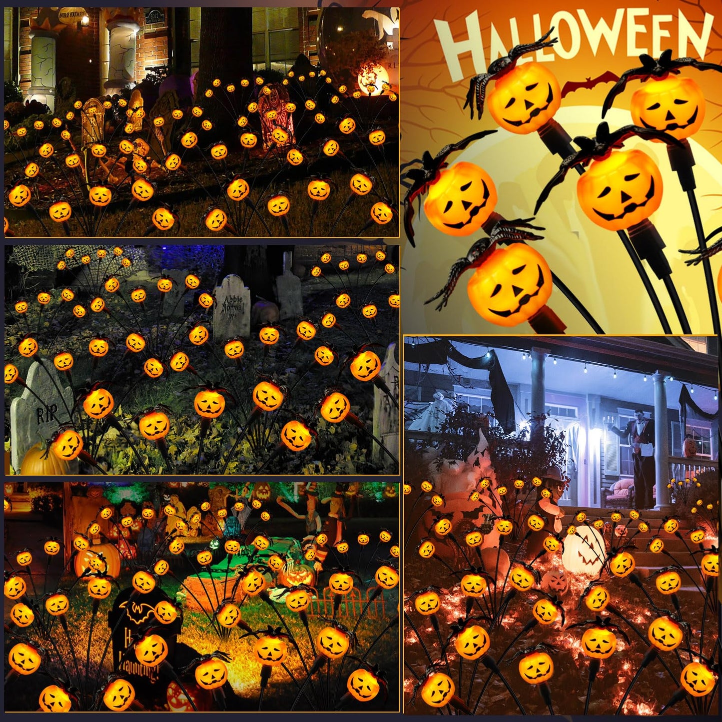 Weepong Halloween Decorations Outdoor 4 Pack Solar Lights, 24 LED Scary Pumpkin Swaying Firefly Lights with Spider & Bats for Outside Garden Yard Lawn Grave Cemetery Ghost Decor Party, Orange