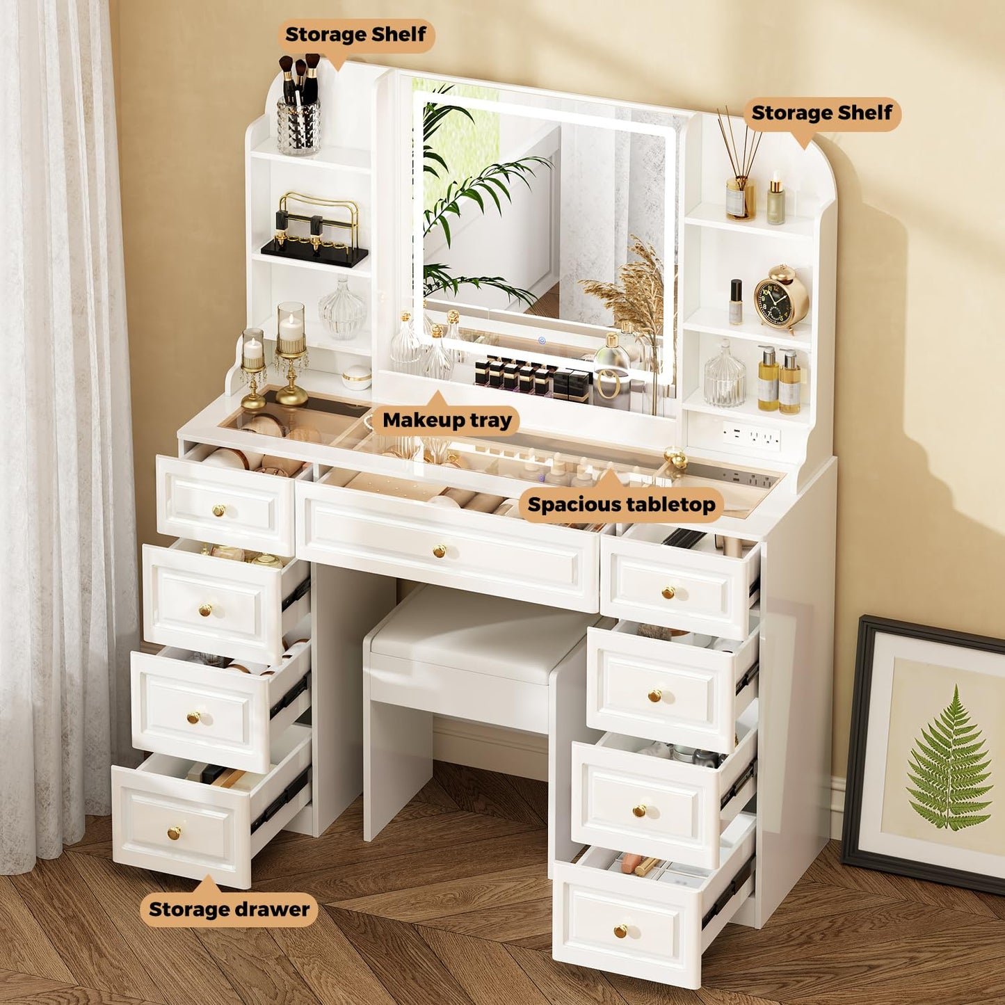 43" Makeup Vanity Desk with Mirror and Lights, & Power Outl, Glass Top Big Vanity Table with 9 Drawers& 8 Storage Shelves, Dressing Table Set with Chair for Bedroom, White