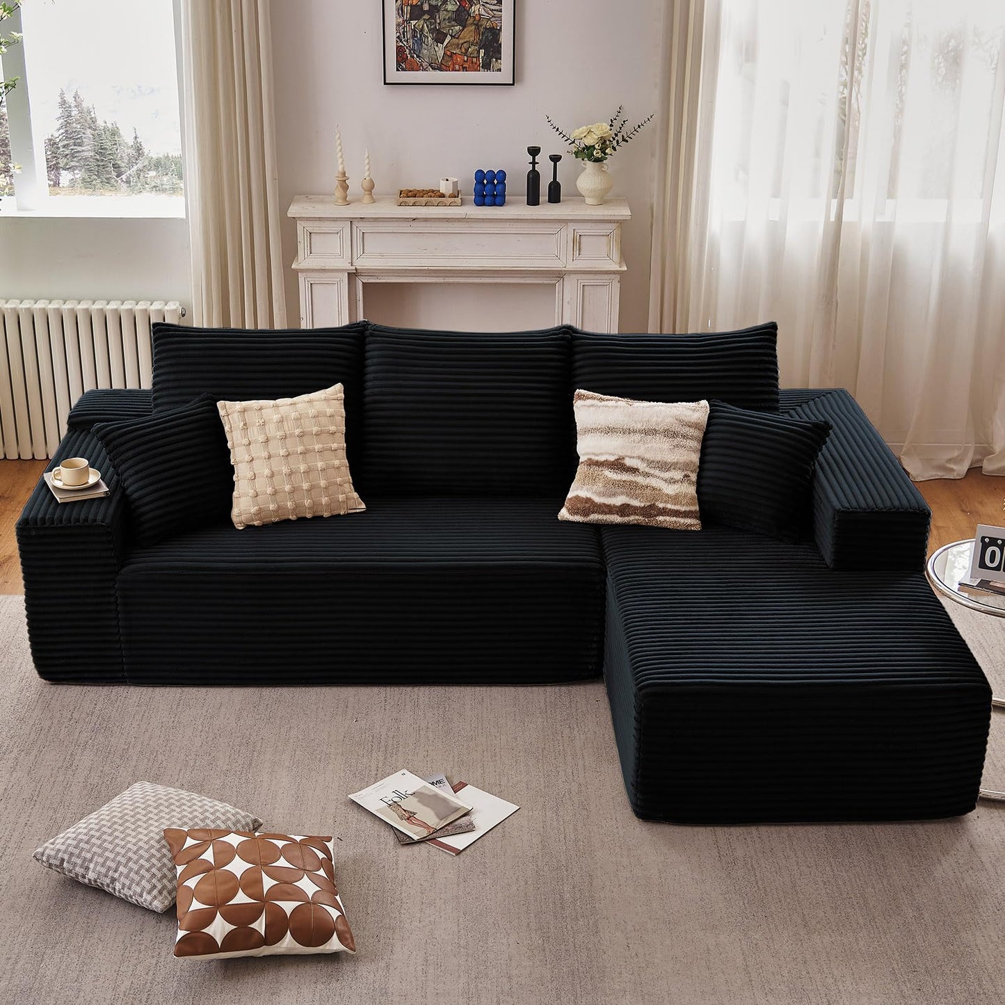 107" Modular Sectional Couches for Living Room, Comfy Boneless L Shaped Cloud Couch with Chaise Lounge, Modern Cozy Corduroy Deep Seat Floor Sofa, Memory Foam, No Assembly Required, Black