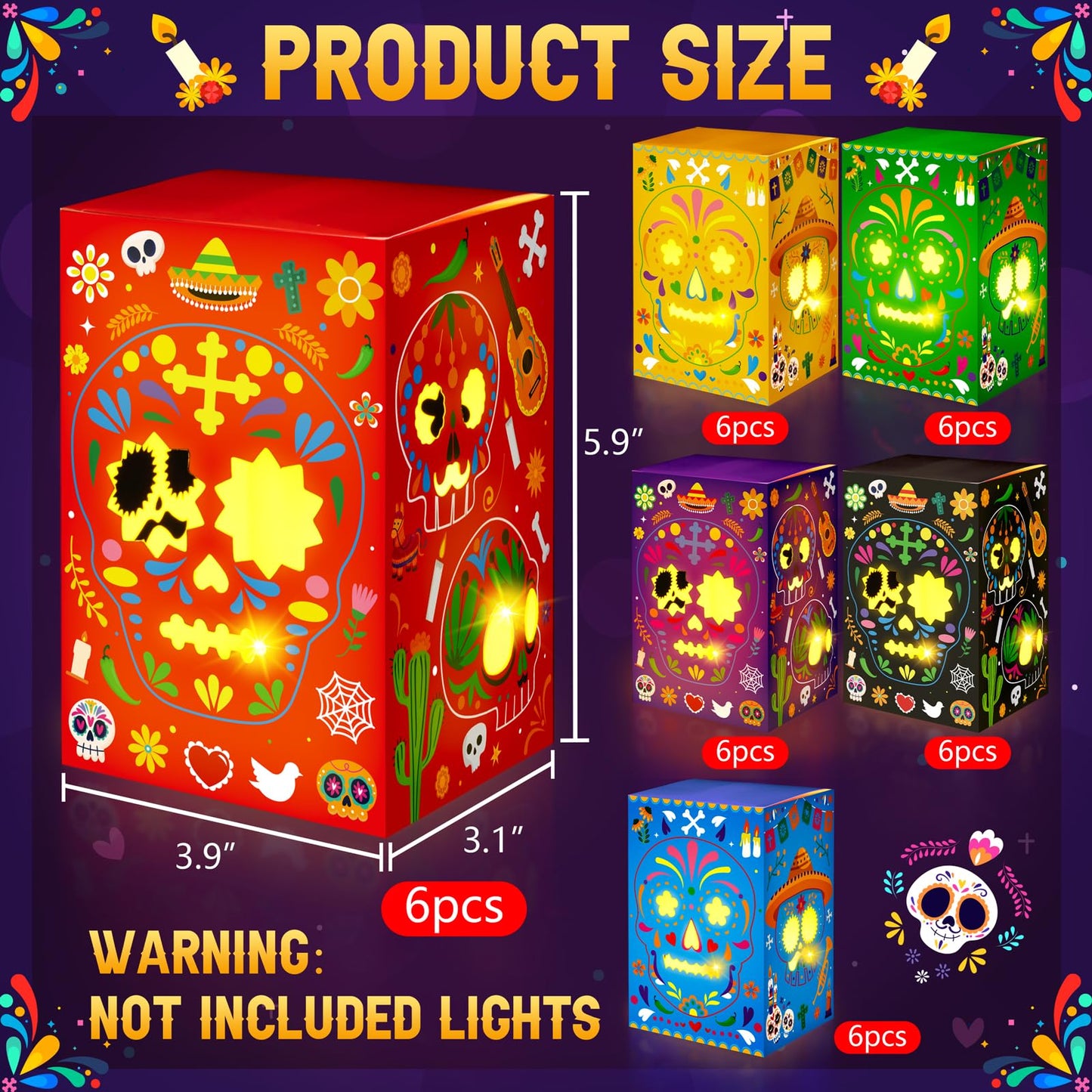 36PCS Day of The Dead Decorations Sugar Skull Candles Holders Boxes Dia De Los Muertos Altar Ofrenda Decorative Paper Box Decor, 6 Styles