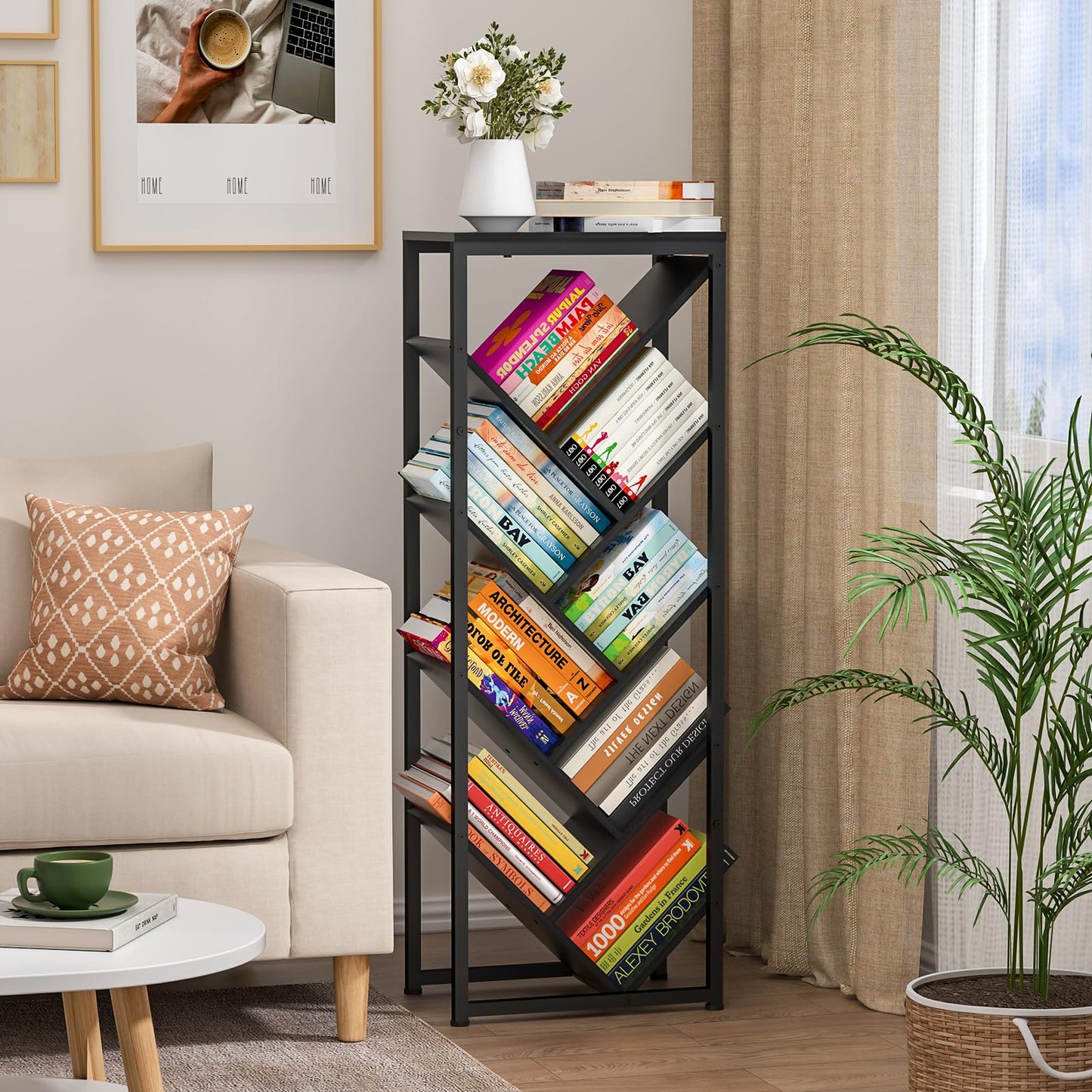 9 Tier Tree Bookshelf - Black Book Shelf Floor Standing Modern Bookcase for Hardcover Books, Small Bookshelf for Small Spaces Bookshelves Wooden Book Storage Organizer Shelves for Bedroom Living Room