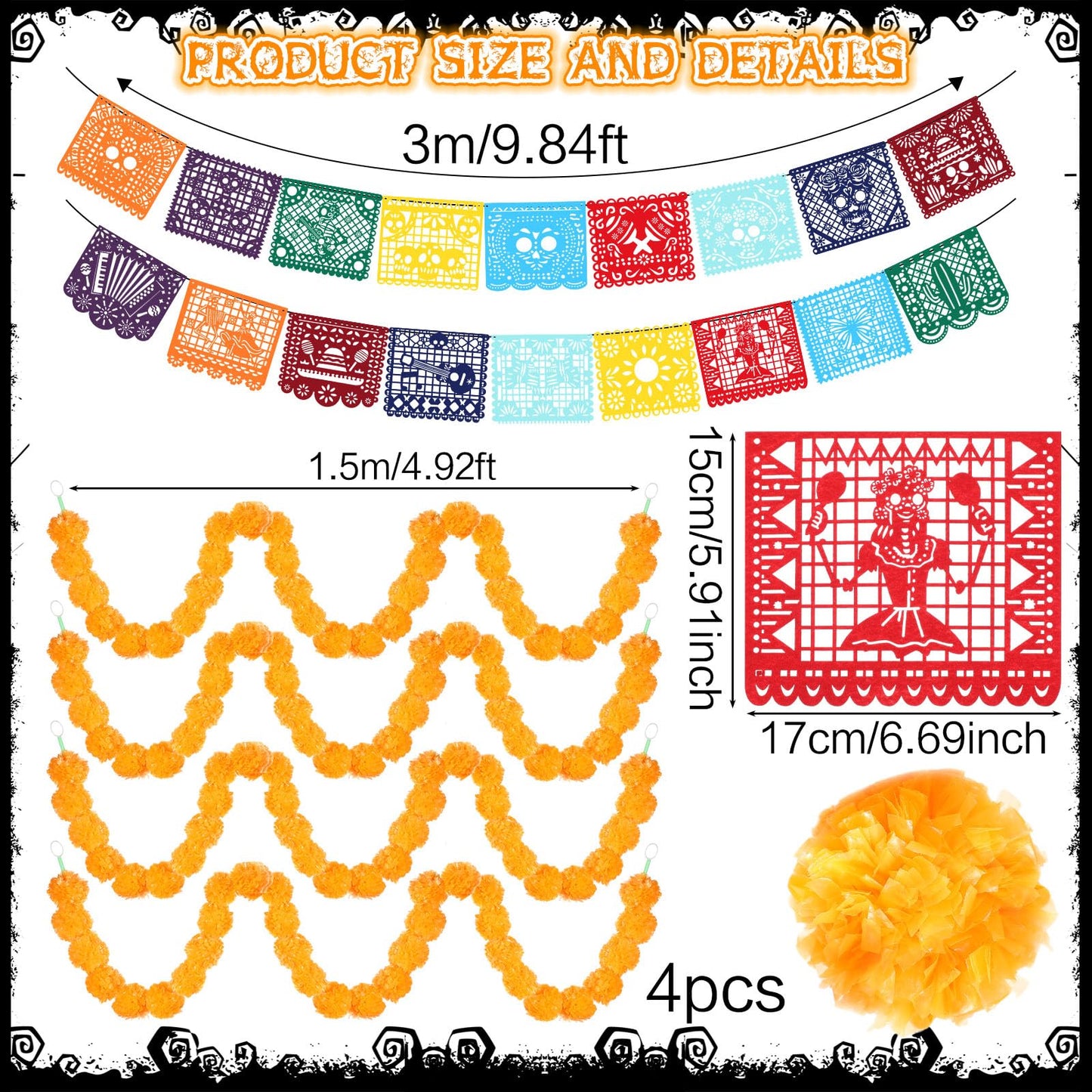 VitalCozy 10 Pcs Day of The Dead Decorations Dia De Los Muertos Porch Sign Banners with LED Lights Halloween Sugar Skull Decor Mexico Dia De Los Muertos Altar Backdrop Papel Picado Marigold Garland