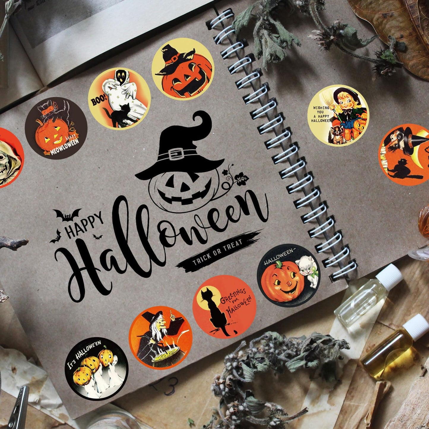 Whaline 1000Pcs Halloween Stickers Roll Retro Halloween Characters Decal Sticker Grimace Pumpkin Witch Ghost Pattern Sealing Labels Round Adhesive Sticker for Halloween Party Favors Decor, 14 Design