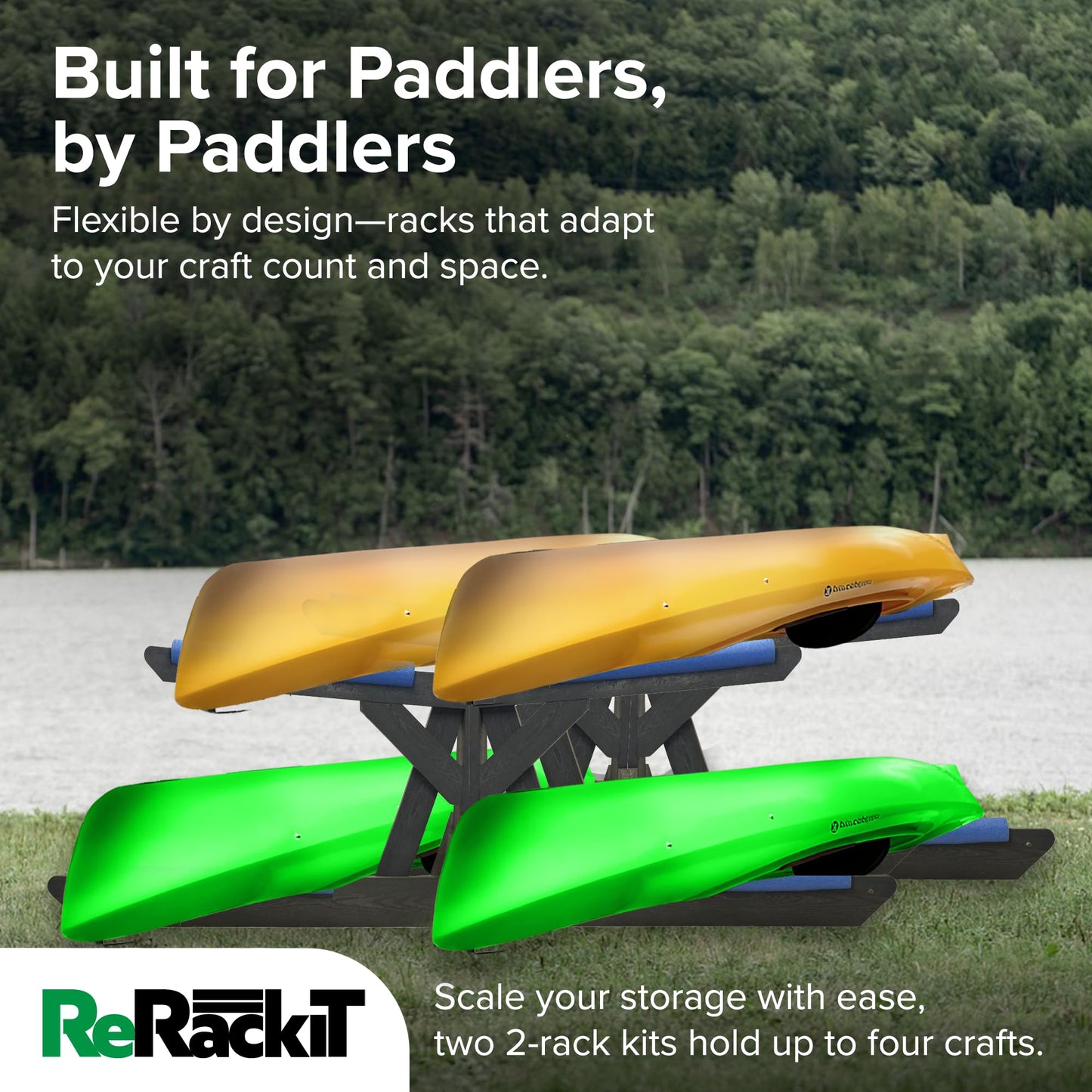 ReRackiT - Poly Kayak Storage Rack Freestanding Kayak Racks for Outdoor Storage, Garage Or Indoors - Heavy Duty Holder for Kayaks - Stand for SUP - Canoe Rack (2 Level (Holds 2 Crafts))