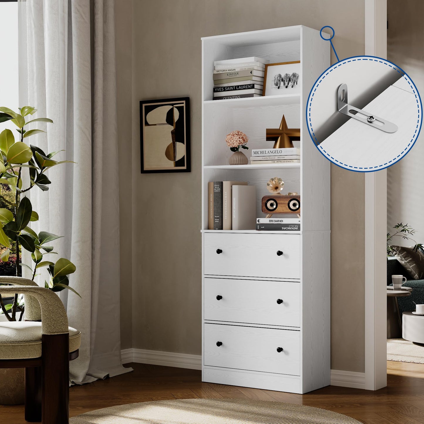 White Bookshelf with Storage, 71" Tall Bookcase with Drawers, Wooden Bookshelf Display Cabinet with 3 Drawers and 3-Tier Shelves, Home Decor Furniture for Living Room, Bedroom, Kitchen, Home Office