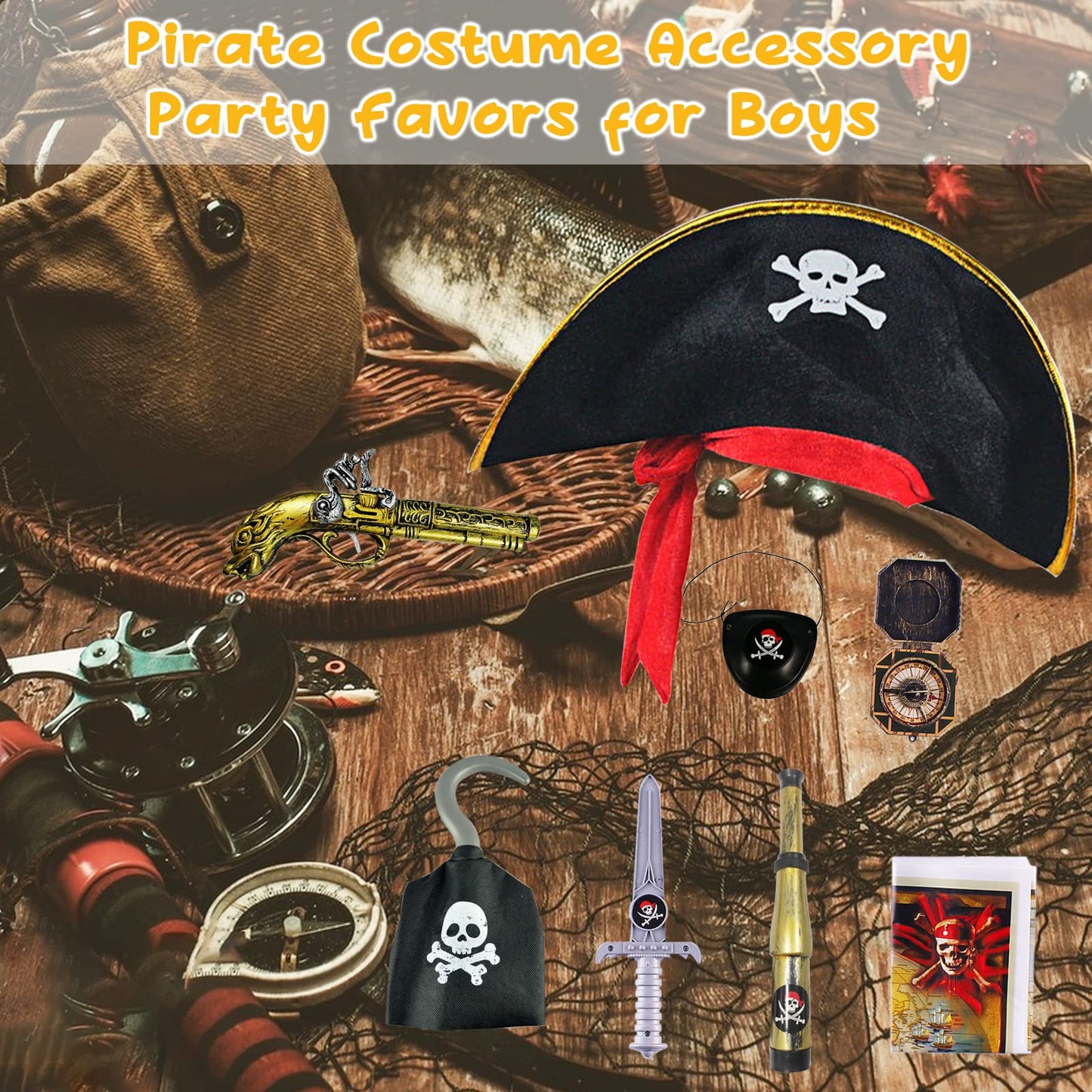 8 Pcs Pirate Accessories Halloween Kids Pirate Theme Pretend Party Toys Set Kids' Halloween Party Cosplay Dress Up Supplies with Hat Sword Pistol Eye Patch Telescope Compass Pirate Hook Map