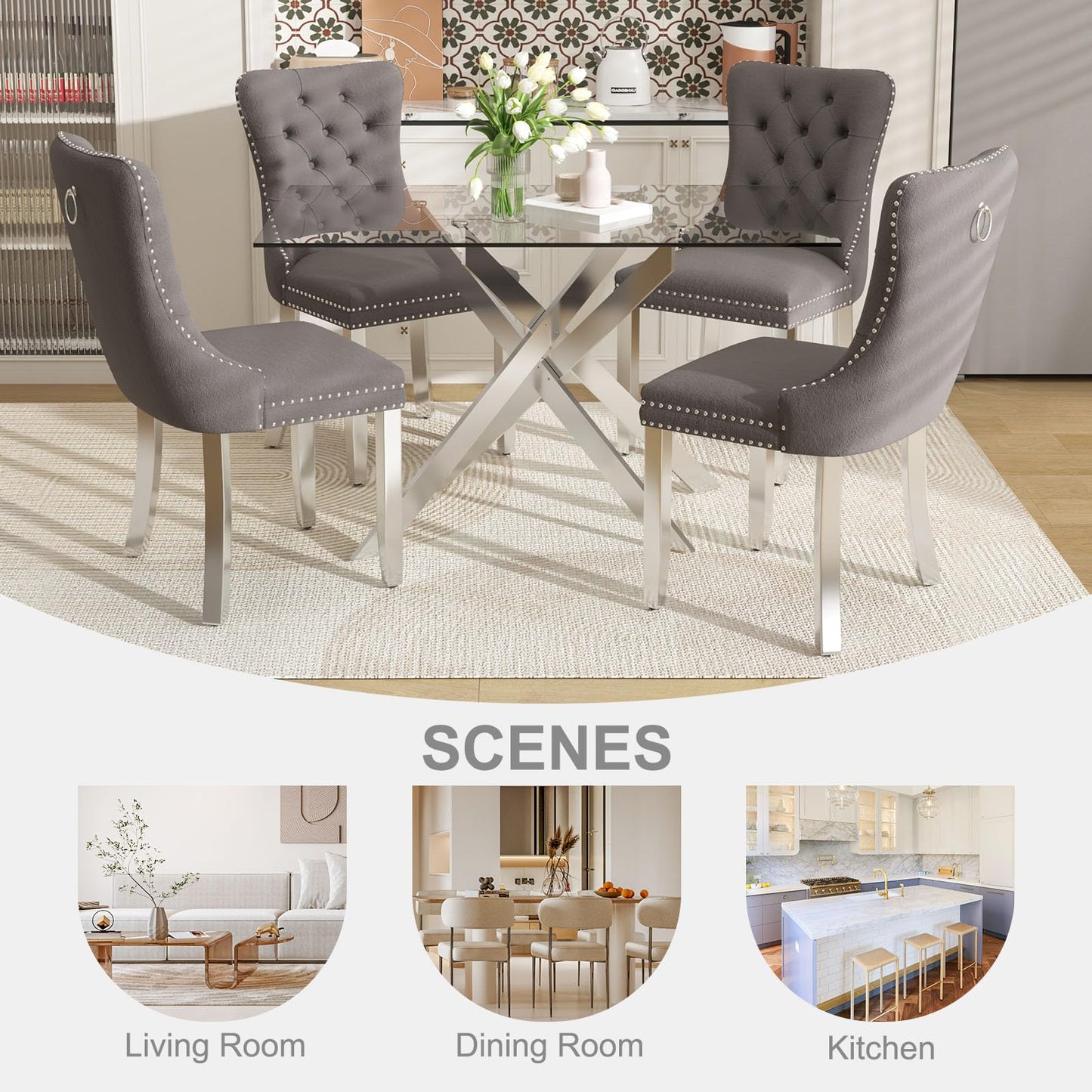 XUNGSUN 51 Inch Glass Dining Table Set for 4, Rectangular Glass Kitchen Table with 4 Upholstered Velvet Accent Chairs, 5 Piece Modern Dining Room Set, for Home, Apartment, Small Spaces - Grey Silver