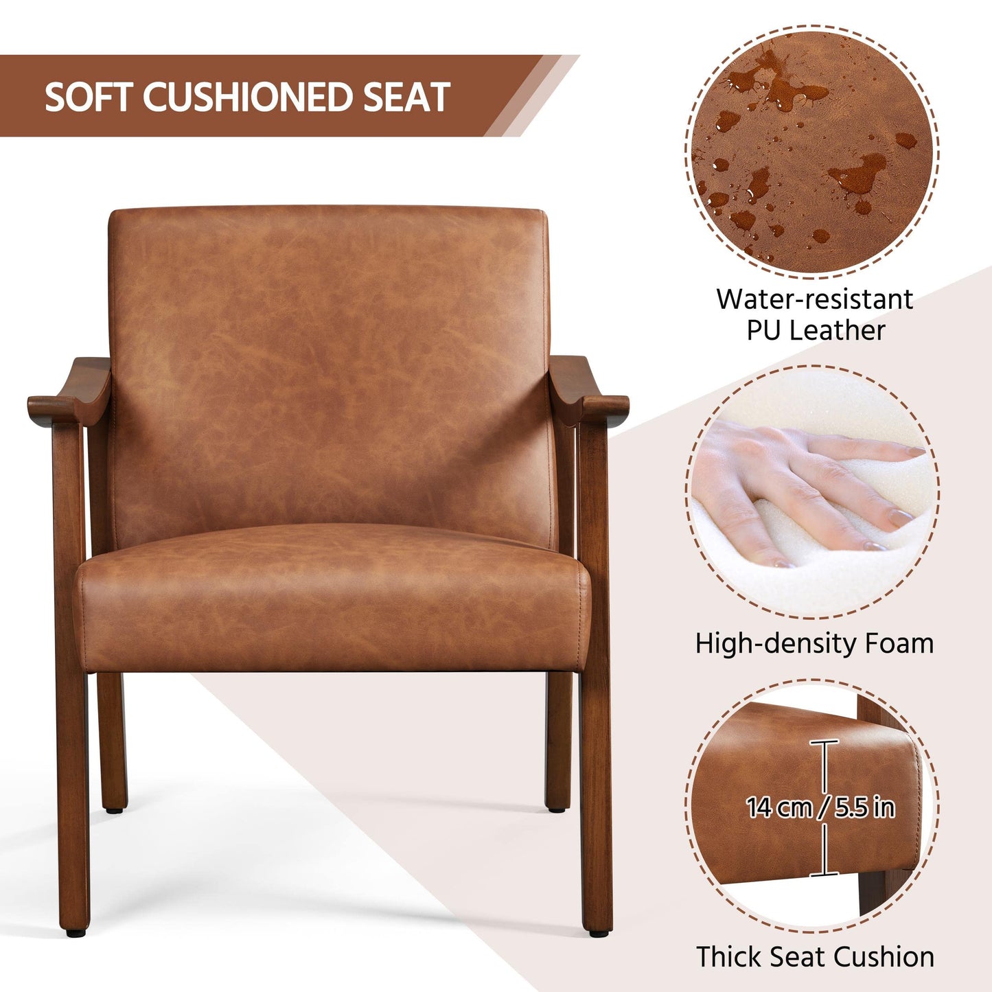 Yaheetech PU Leather Accent Chair, Mid-Century Modern Armchair with Solid Wood Legs, Reading Leisure Chair with High Back for Living Room Bedroom Waiting Room, Set of 2, Brown