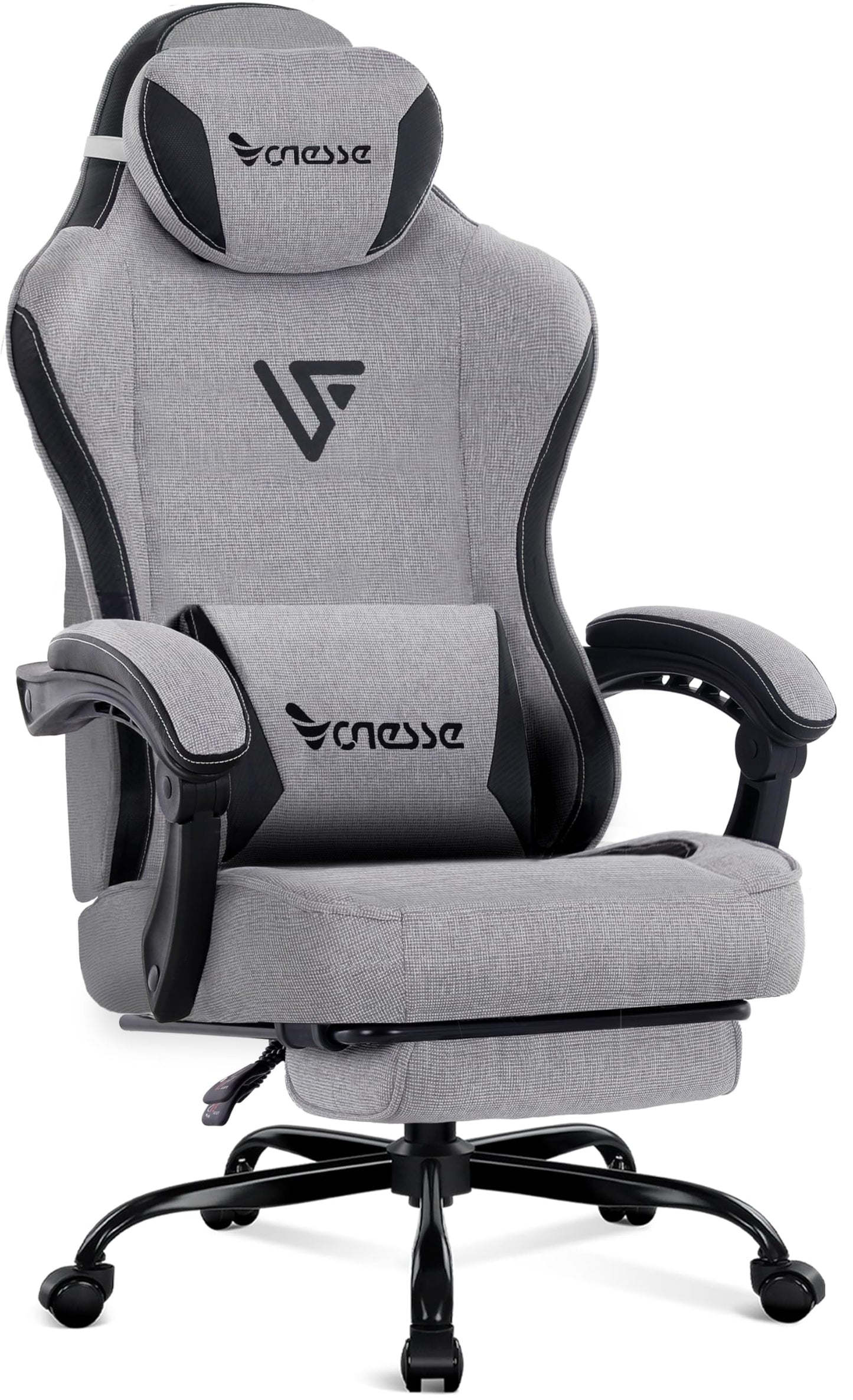 Vonesse Gaming Chair, Computer Chair Fabric with Pocket Spring Cushion, Office Chair with Footrest and Massage Lumbar Support, Reclining Gaming Chairs for Adults 250LBS (Grey)
