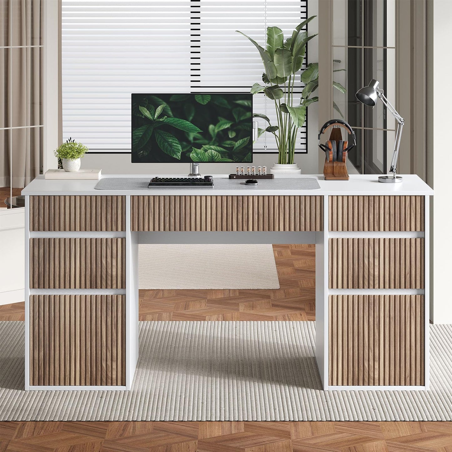 4 EVER WINNER 58 Inch White Desk with Drawers, Home Office Desks with 7 Storage Drawers, Executive Desk with File Cabinet for Bedroom Study Work Table Writing, White and Walnut