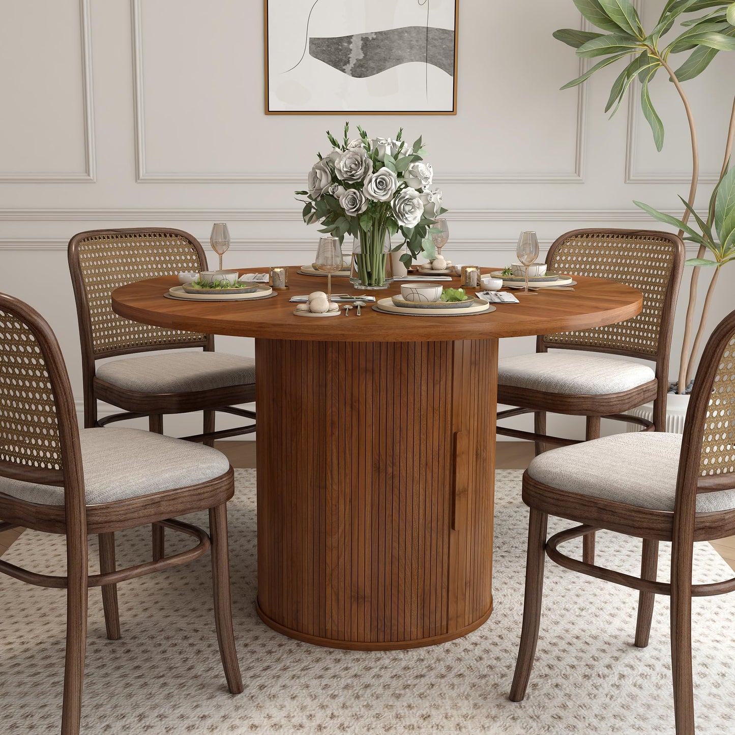 weselon 47 inch Round Dining Table for 4, Kitchen Table Dinner Table with 2-Layer Storage Shelf and Wood Slide Door for Home Dining Room Living Room (Walnut)