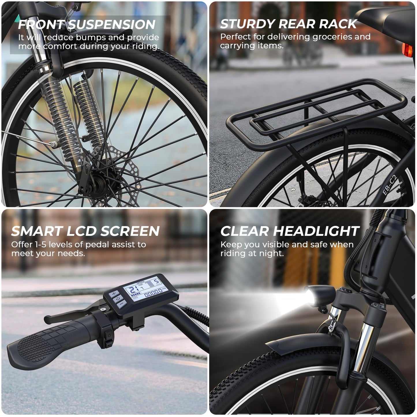 Funhang Electric Bike for Adults, 1000W Peak EBike, 50 Miles 21.7MPH Adult Electric Bicycles with 48V Built-in Removable Battery, Adjustable Stem, Rear Rack, 7 Speed, 26" Step-Thru E Bike for Commute
