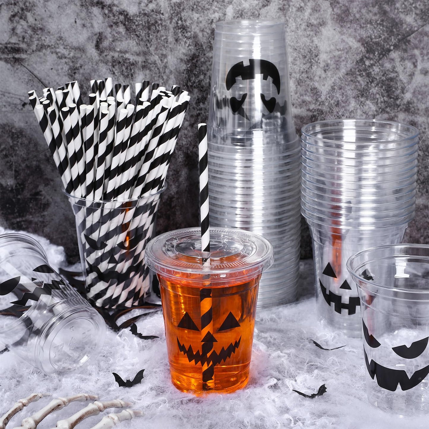 Whaline 60Pcs Halloween Disposable Plastic Cups with Lids and Straws 12oz Jack-O-Lantern Pumpkin Cold Beverage Drinking Cups for Trick or Treat Party Supplies