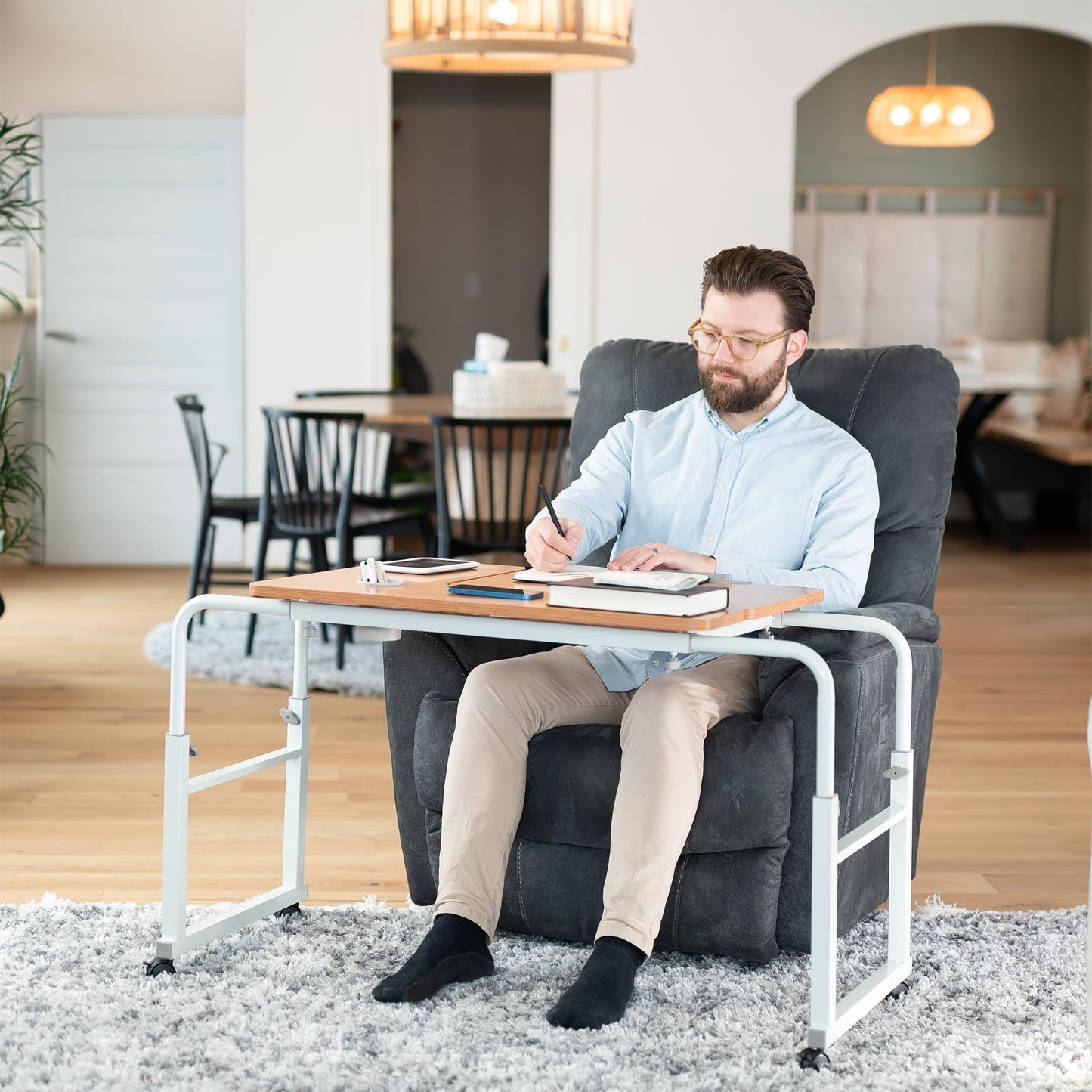 VIVO Mobile Over The Bed and Recliner Table, Tilting Laptop Tray with Height and Length Frame Adjustment, Ergonomic Overbed Kids and Adult Desk on Wheels, Light Wood, DESK-V202A