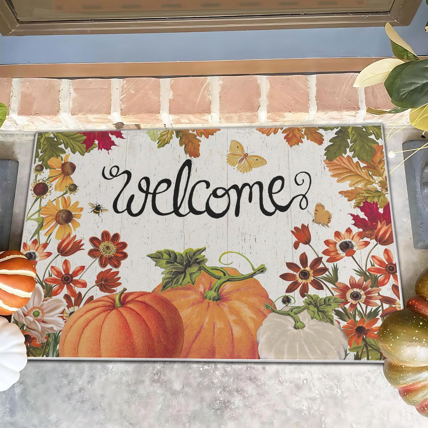 wyoansfhd Fall Pumpkin Doormat, Autumn Home Decor Entry Door mat, Pumpkin Doormat, Low Profile Entry, Non-Slip Farmhouse Mat, Outdoor Welcome Mat 17x30 Inch