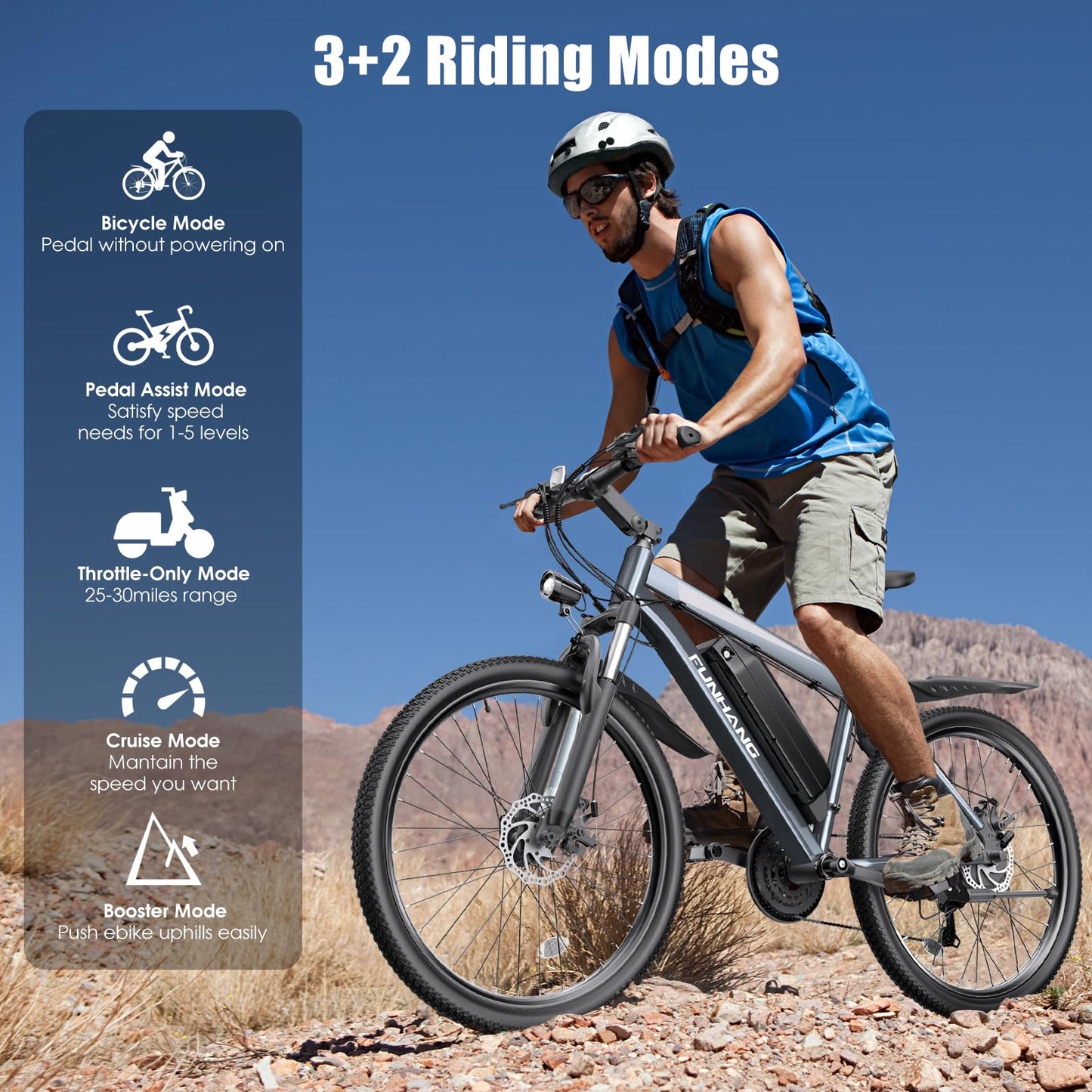 Funhang Electric Bike for Adults, Peak 1000W Ebike, 50Miles 21.7MPH Adult Electric Bicycles, 26" Electric Mountain Bike 48V 374.4WH Battery, Commuter E Bike with Adjustable Stem, Fenders, 21 Speed