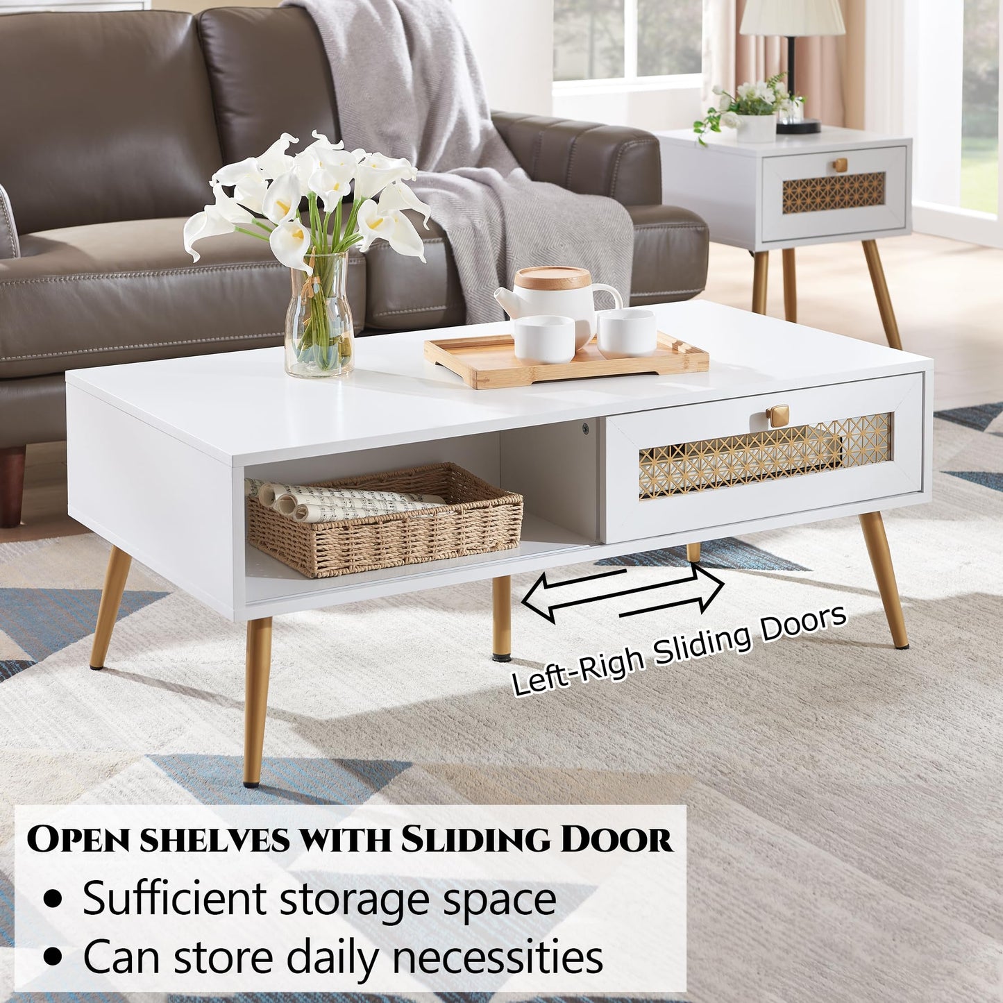 Wooden Mid Century Modern Coffee Table, Retangle Coffee Table with Sliding Door for Living Room, White