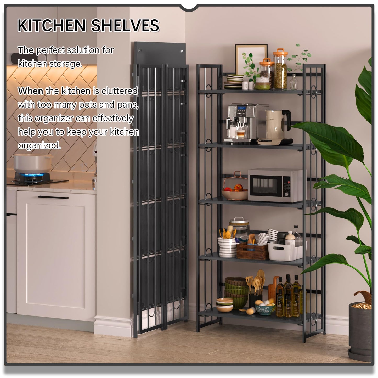 4NM No-Assembly 5 Tiers Folding Bookshelf Storage Shelves Vintage Bookcase Standing Racks Study Organizer Home Office - All Black