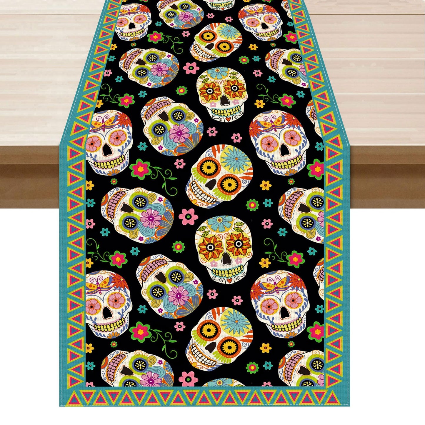 XCHI Sugar Skull Flowers Dia De Los Muertos Table Runner Day of The Dead Mexican Table Decoration for Home Kitchen Dining Holiday Fiesta Themed Party Decor 13x72 Inch