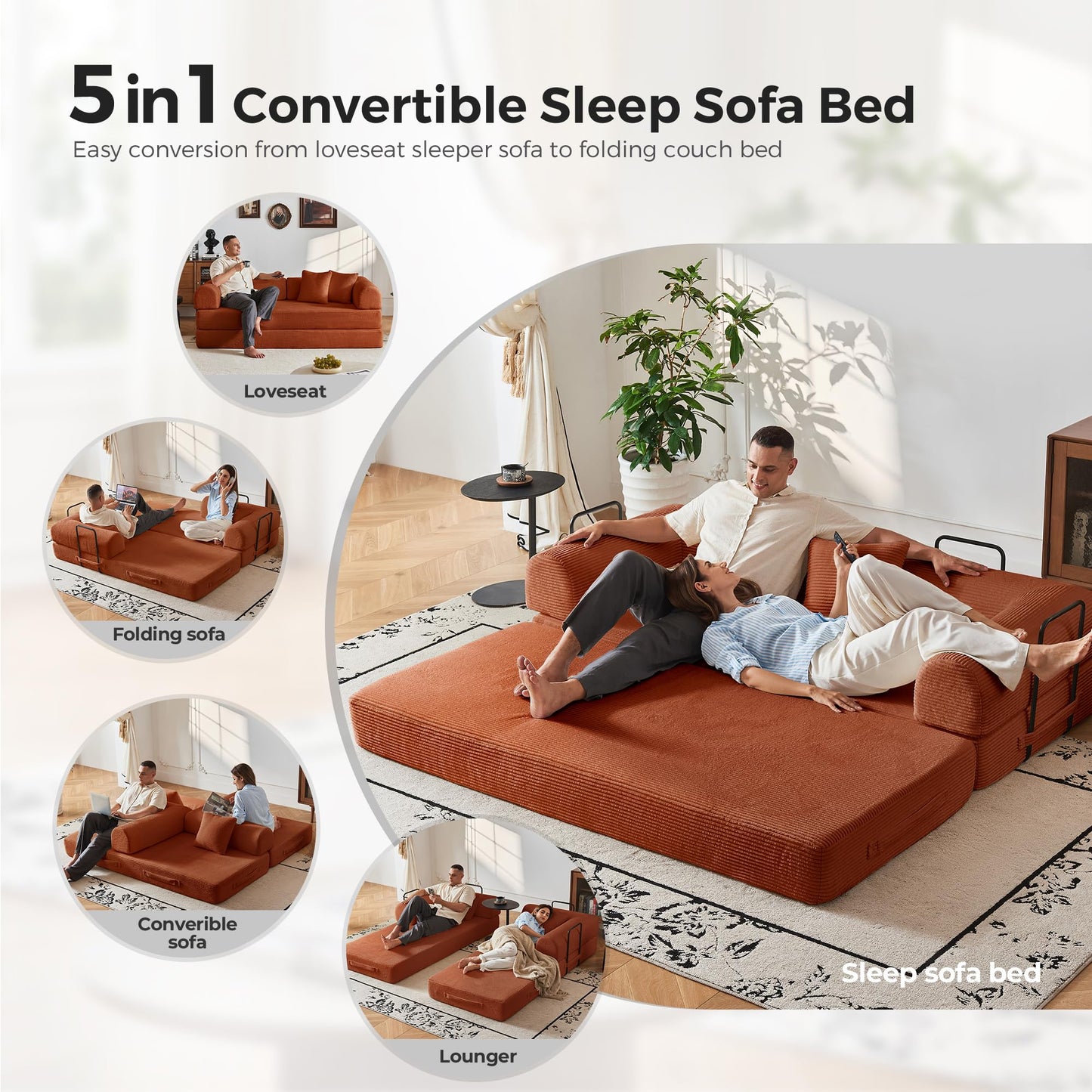 79" Convertible Sleeper Sofa Bed, Floor Sofa Lounge Couch with Fixed-Shape Frame, Modular Sectional Sofa Bed with 2 Pillows, Corduroy Loveseat Couches for Living Room, Bedroom, Lounge Studio(Orange)
