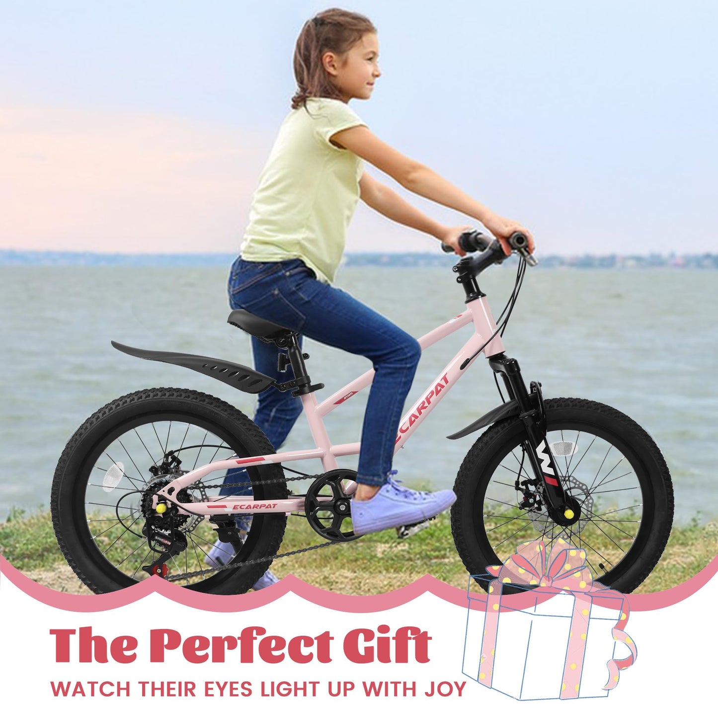 20 Inch Kids Mountain Bike for Boys Girls, 7-Speed Children Mountain Bike with Front Suspension, Dual Disc Brakes and Fender, Steel Frame Kids Bicycle for Ages 6-12 Years Old Birthday Gift, Pink