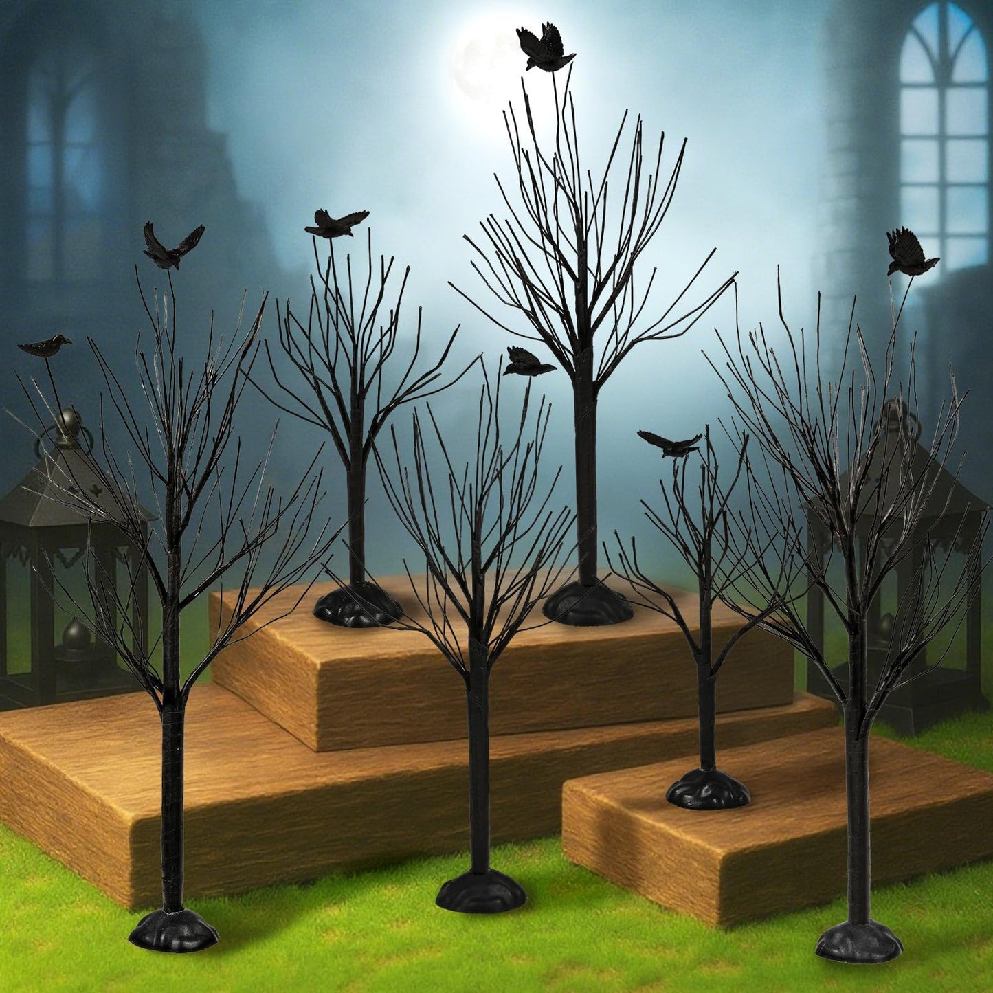 Warmtree 6 Pcs Halloween Village Trees Mini Decor Tree Artificial Tabletop Branch Trees, Halloween Village Accessories with Crows Figurine for Holiday Home Garden Office Festival Decor