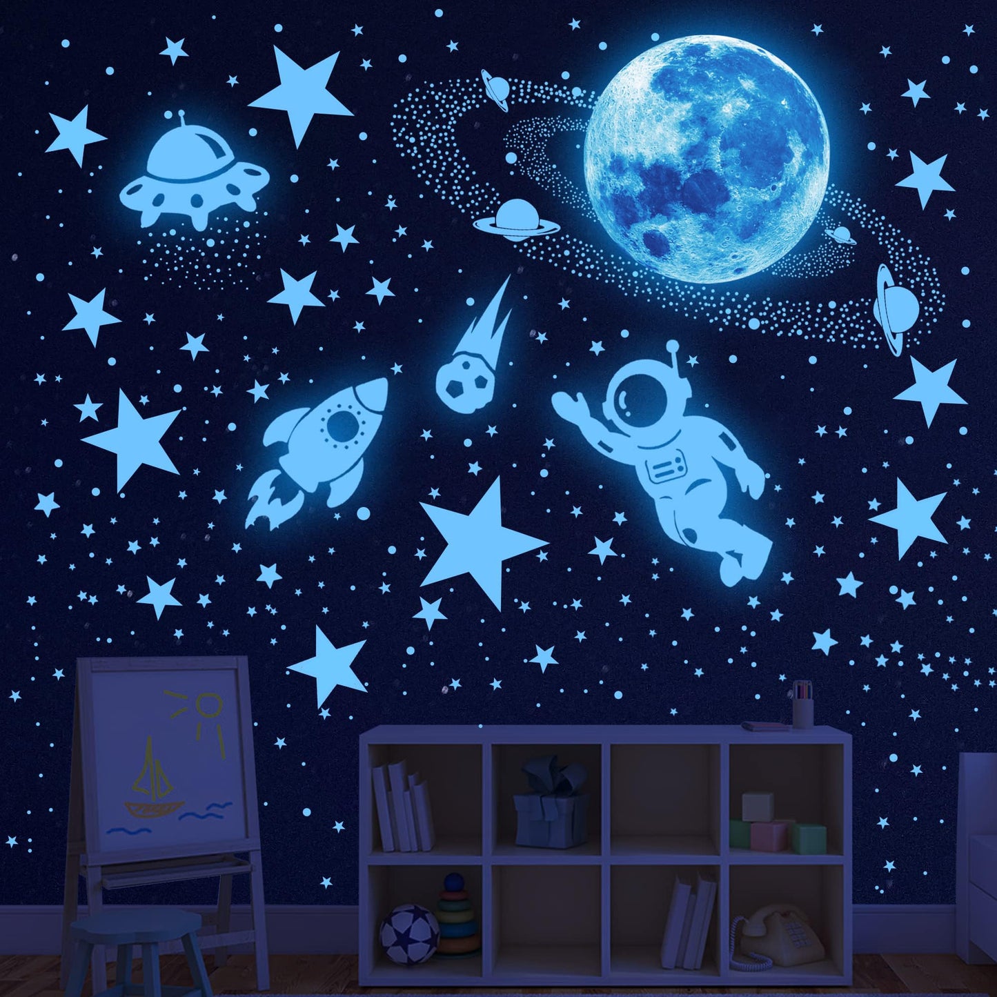 531Pcs Glow in The Dark Stars and Planet Wall Stickers,Galaxy Astronaut Rocket Spacecraft Alien Decoration,Planet Wall Decals,Bright Solar System Wall Stickers for Kids, lanets Spaceship Stars Blue