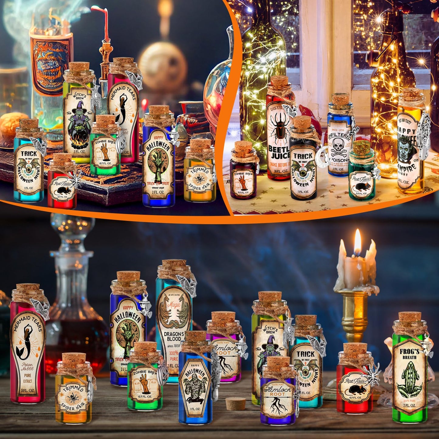 Yaomiao 124 Pcs Halloween Magic Potions Kit Halloween Party Decorations Creative Gift Apothecary Bottles Decorations with Labels Stickers Charms Pendants Ropes and Funnels for Indoor Party Supplies