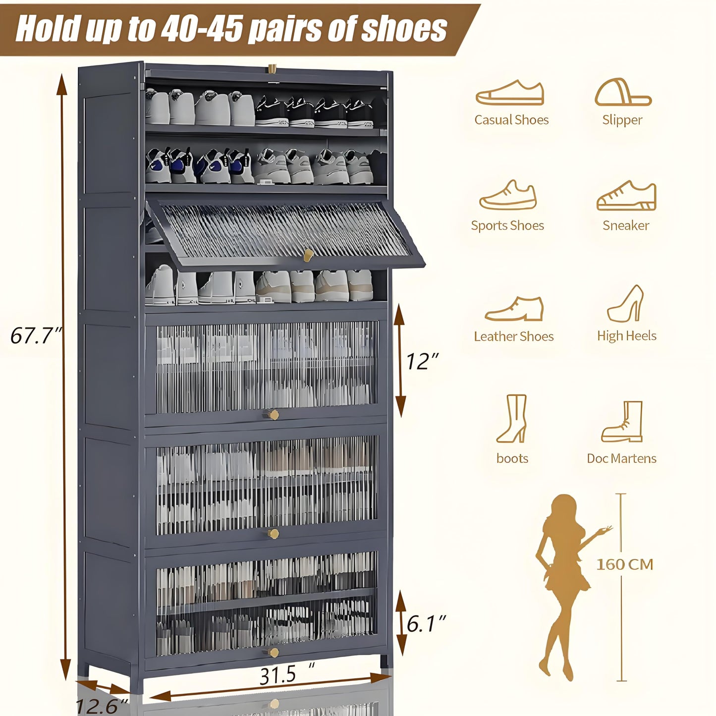 Voclym Tall Shoe Cabinet with Clear Doors, Large Capacity Bamboo Shoe Cabinet, 40-45 Pairs Shoe Rack Organizer for Closet Entrance, Hallway, Living Room, Bedroom