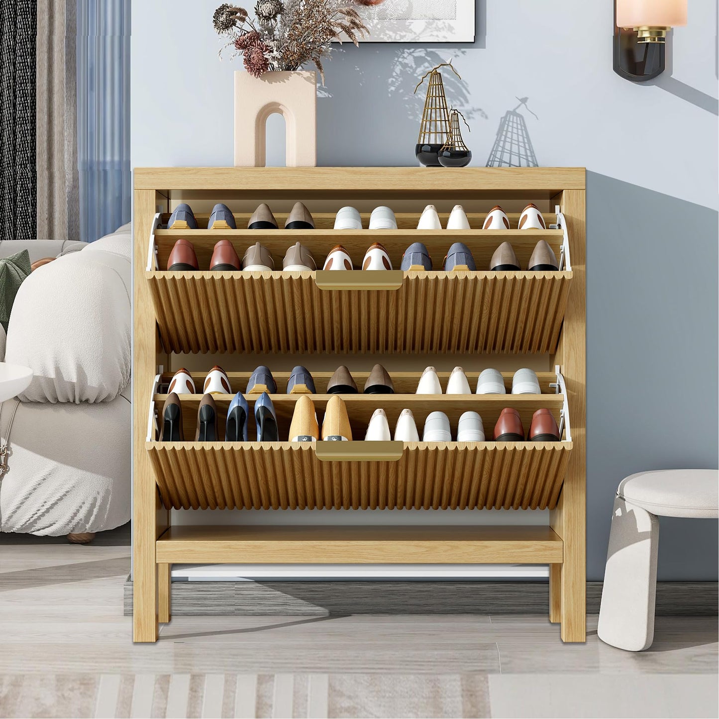 Vudanfe Modern 2-Tier Flip Drawer Shoe Cabinet, Freestanding Hidden Slim Narrow Shoe Rack Cabinet, Wooden Large Capacity Shoe Storage Cabinet Shoe Organizer, for Entryway, Hallway, Natural X2