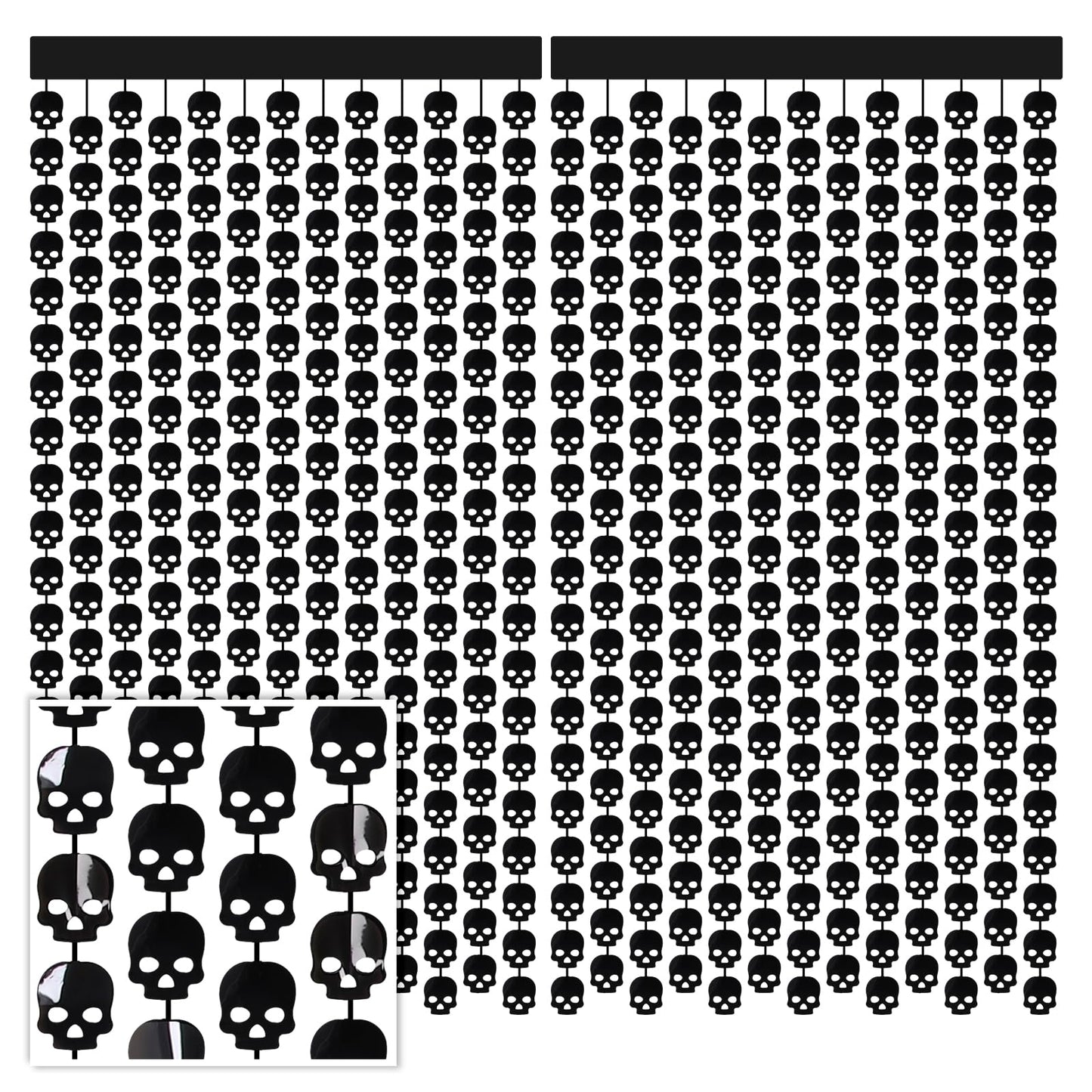 Whaline 2 Pack Halloween Foil Curtains Black Skull Head Fringe Curtains, 3.3x6.6Ft