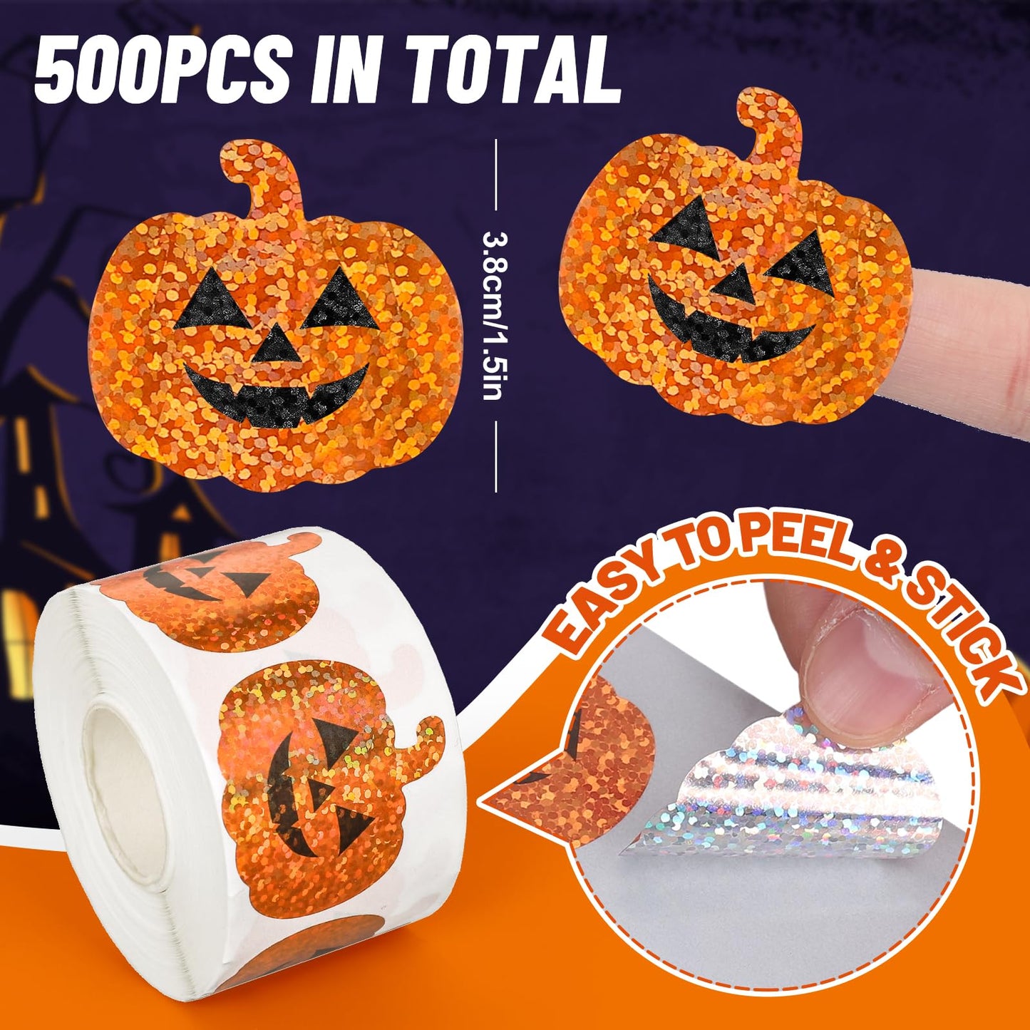 Whaline Halloween Pumpkin Stickers Roll Laser Pumpkin Shape Waterproof Decals Orange Sparkly Self-Adhesive Stickers for Halloween Party Envelope Scrapbook Decor, 500Pcs