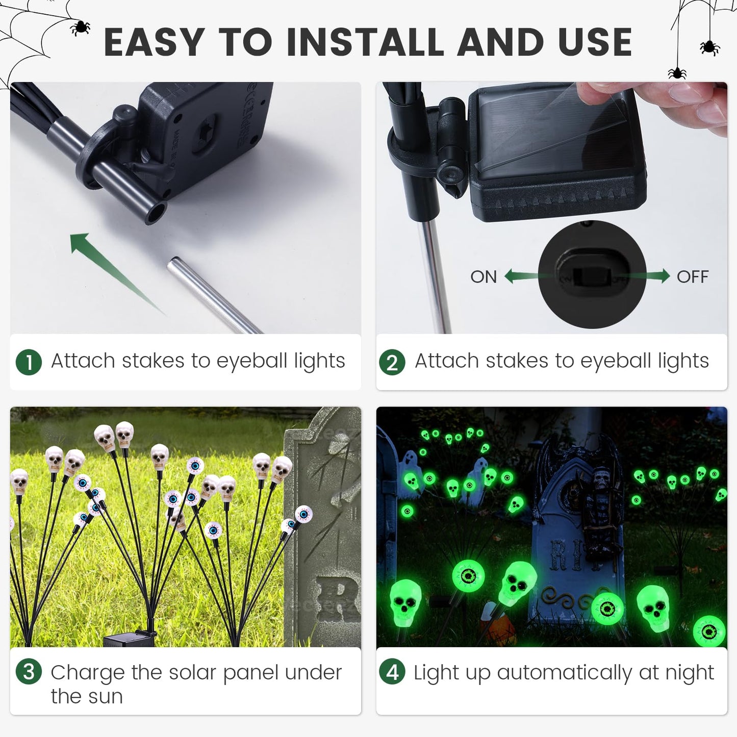 FENSAN Solar Halloween Lights Outdoor,Halloween Decorations Outdoor, Scary Halloween Eyeball Lights,4PACKS 32LED,IP65 Waterproof,Halloween Decor for Garden/Yard/Patio/Lawn/Pathway(Green)