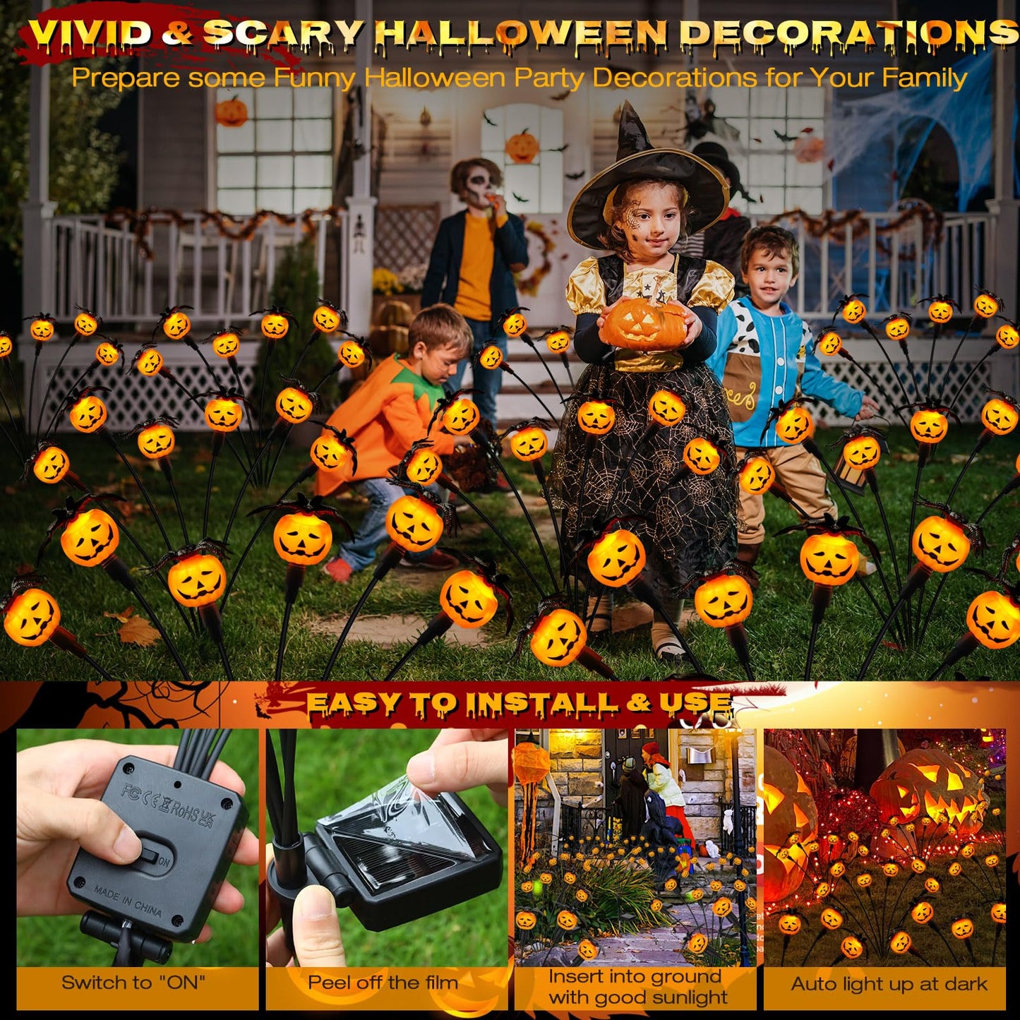 Weepong Halloween Decorations Outdoor 4 Pack Solar Lights, 24 LED Scary Pumpkin Swaying Firefly Lights with Spider & Bats for Outside Garden Yard Lawn Grave Cemetery Ghost Decor Party, Orange