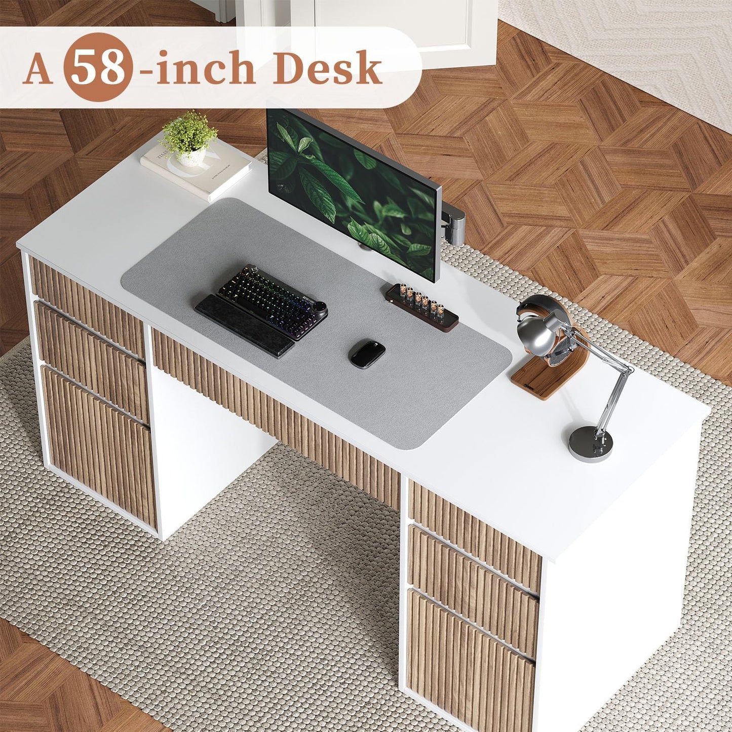 4 EVER WINNER 58 Inch White Desk with Drawers, Home Office Desks with 7 Storage Drawers, Executive Desk with File Cabinet for Bedroom Study Work Table Writing, White and Walnut