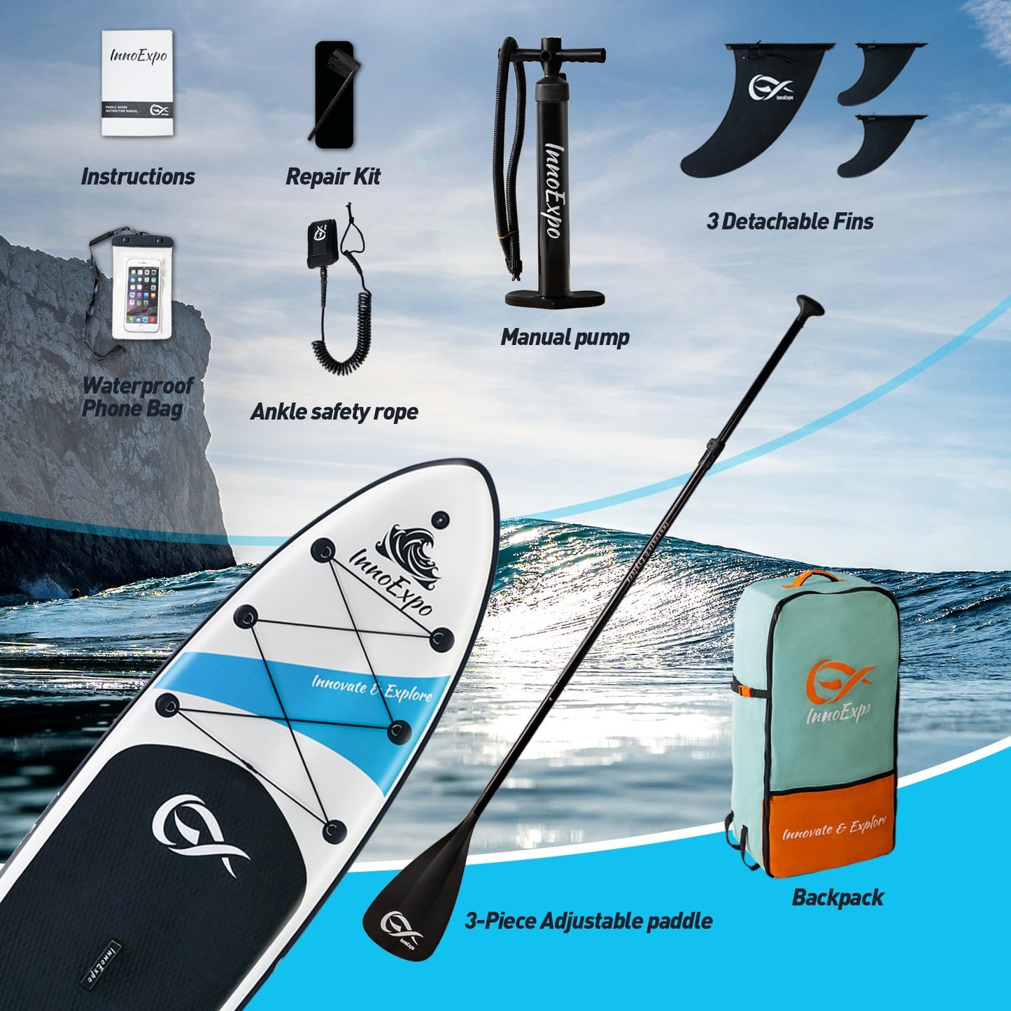 InnoExpo Inflatable Stand Up Paddle Boards with Premium Accessories, Wide Stable SUP Paddle Board Design, Non-Slip Comfort Deck for Youth & Adults (Black, 10'6x32''x6'')
