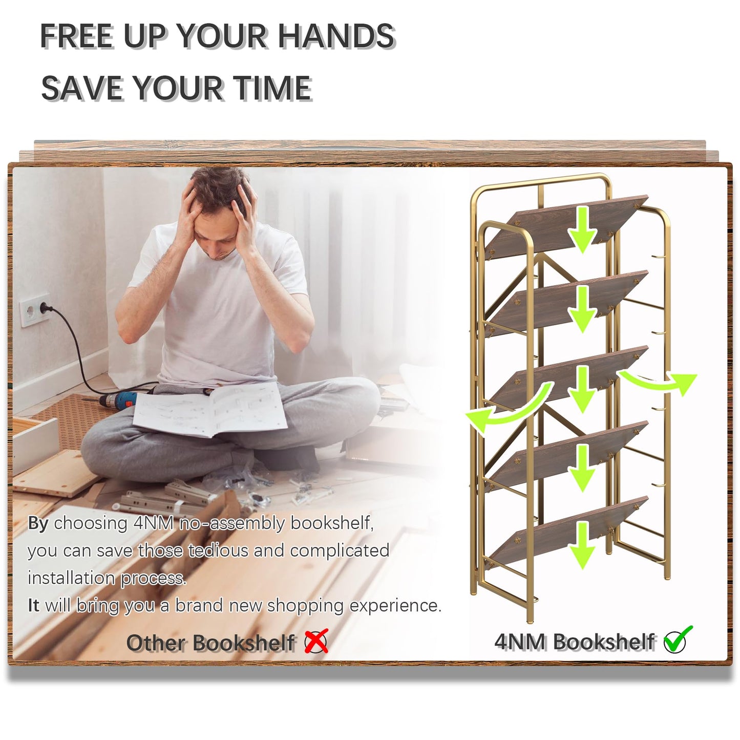 4NM No Assembly Folding Bookshelf 5 Tiers Vintage Industrial Gold Book Shelf Metal Foldable Storage Bookcase and Bookshelves for Living Room,Bedroom and Kitchen - Brown