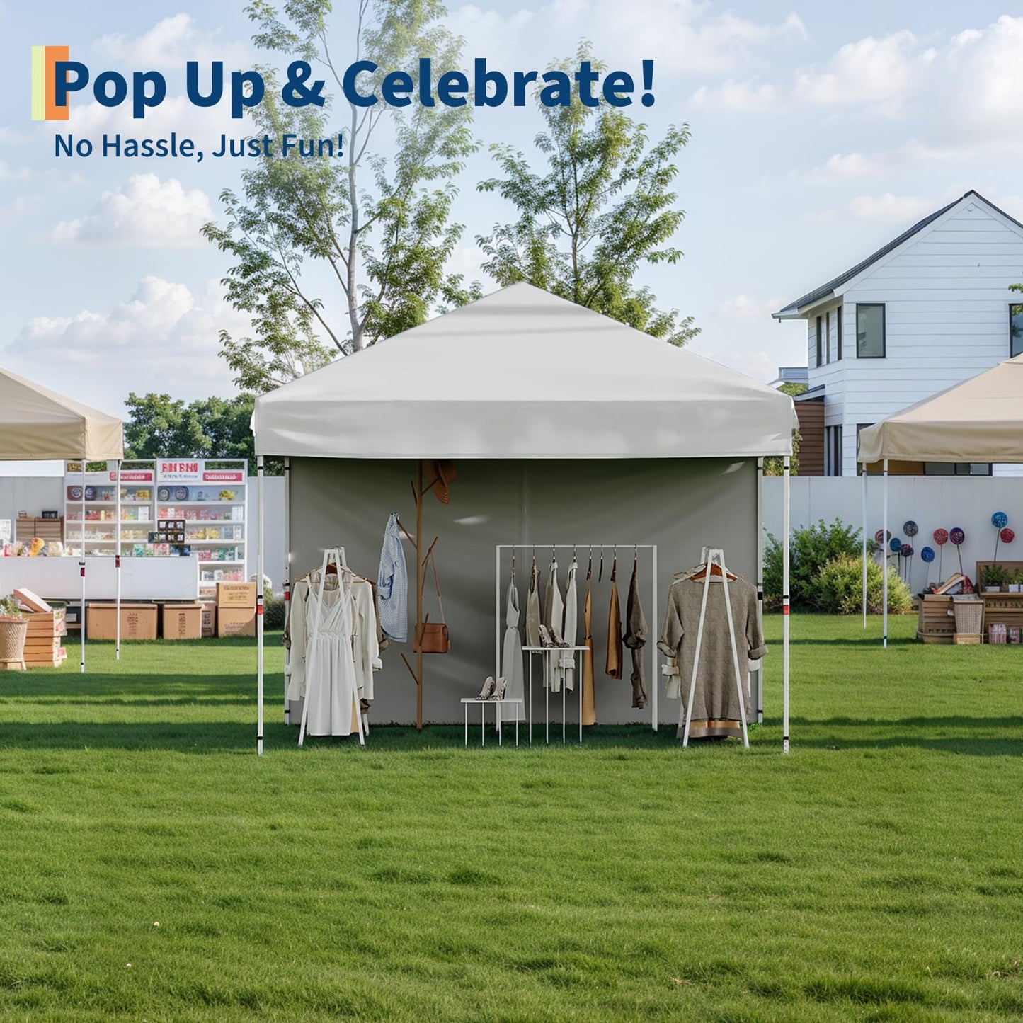 10x10 Pop Up Canopy with One Button Push Setup - Heavy Duty Outdoor Canopy Tent with Portable Roller Bag - 3 Adjustable Height, 4 Weight Bags, 8 Stakes & 4 Guy Ropes Included (White)