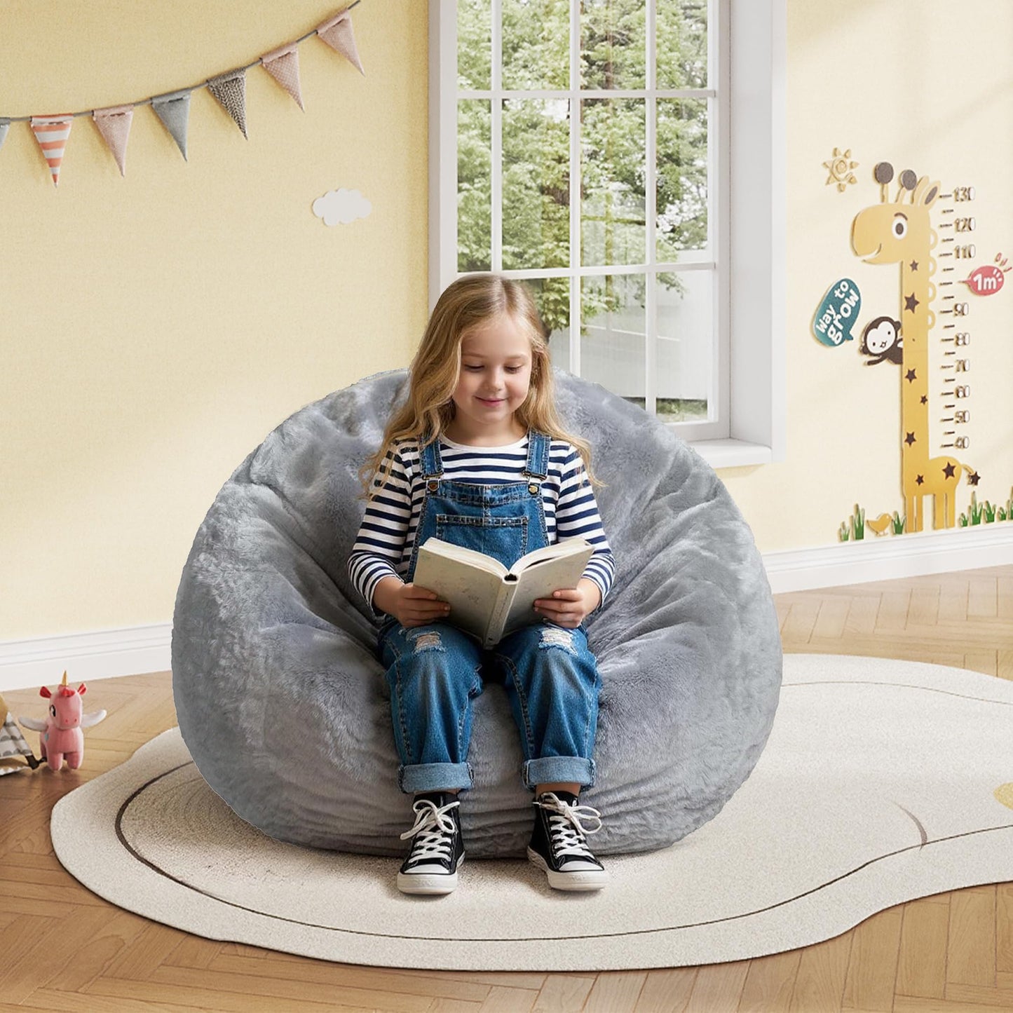 WLIVE Kids Bean Bag Chair, 2.5 Feet Faux Rabbit Fur Bean Bag, Floor Sofa with Memory Foam Filling, Bean Bag Chairs for Living Room Bedroom, Grey