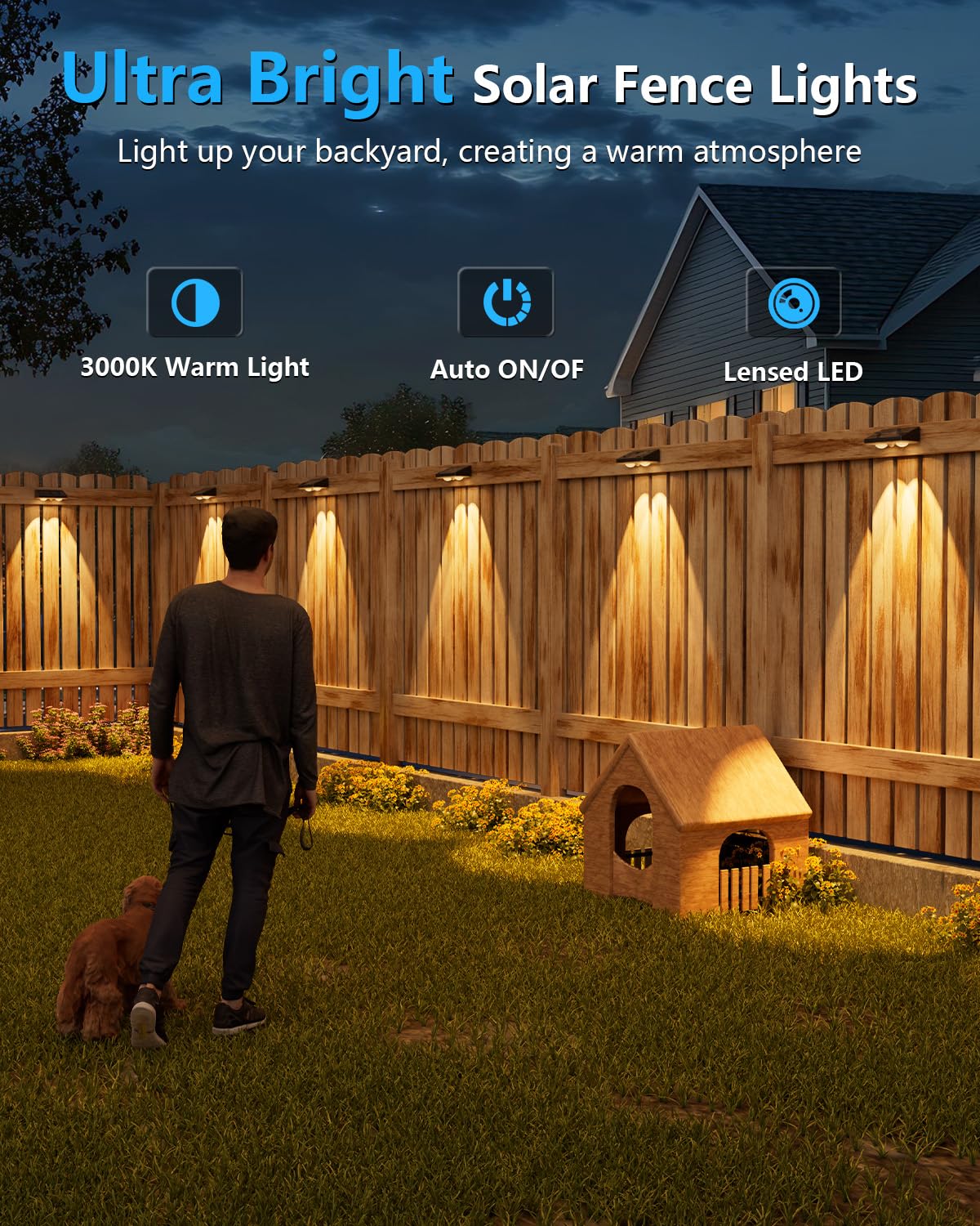 VOLISUN Solar Fence Lights, 12 Pack Solar Powered Fence Lights Outdoor with Warm White LED Spot Lens, IP65 Waterproof Fence Solar Lights Outdoor for Patio, Backyard, Railing, Deck(Black)