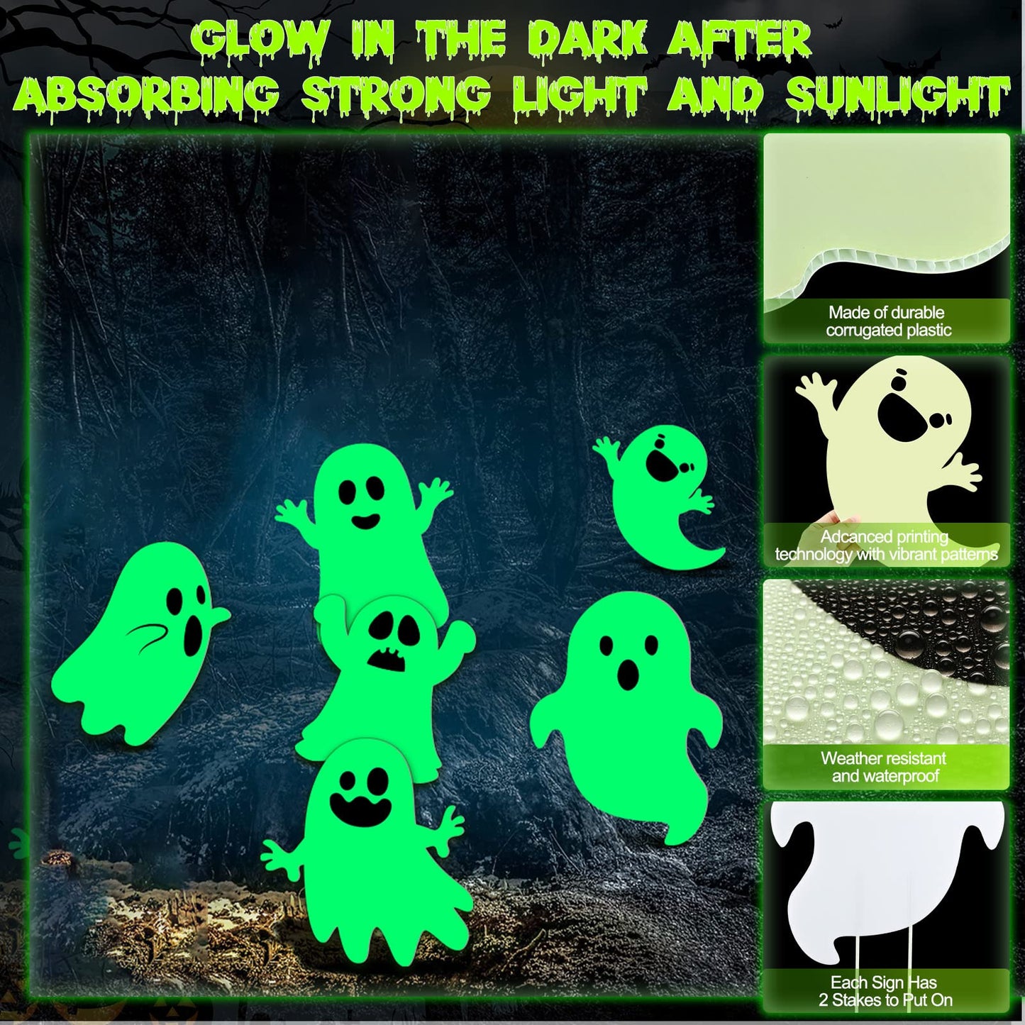 6 Pcs Halloween Yard Stakes Glow in The Dark with Green Fluorescent Layer Waterproof Plastic Cute Outdoor Sign Halloween Decorations for Lawn Patio Yard Garden Decoration (Ghost)