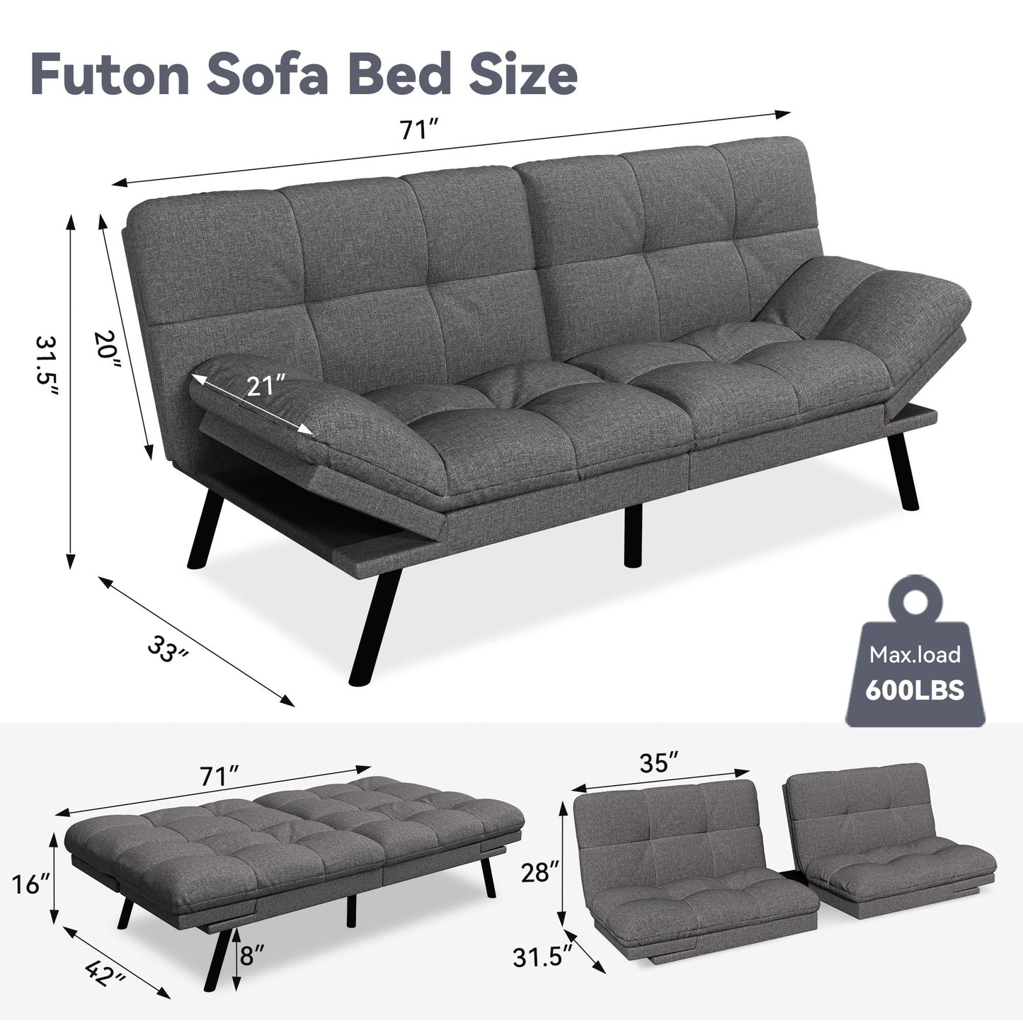 Vyfipt Convertible Futon Sofa Bed, 71" Memory Foam Futon Couch with Detachable,Adjustable Backrest,Linen Fabric Folding Small Loveseat Sleeper for for Living Room,RV,Office,Apartment,Light Grey