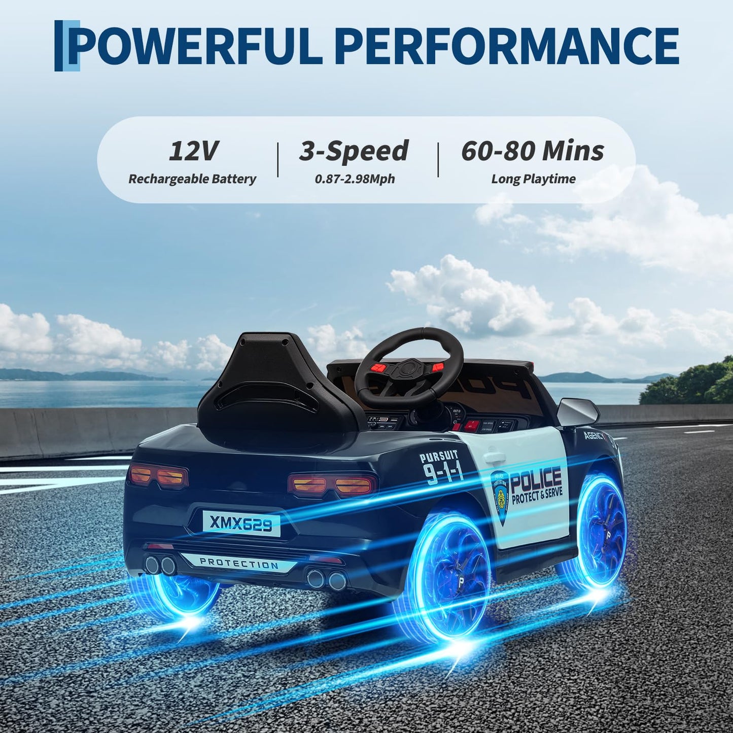 12V Police Car Ride On Car for Kids, Ride on Toy with Remote Control, Emergency Alert Tones, Megaphone, Flashing Lights, Music, Spring Suspension